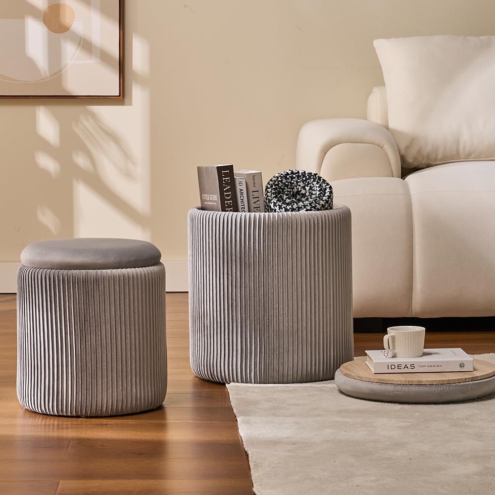 Round Set of 2 Ottoman with Storage-Upholstered Velvet Vanity Stool for Makeup Multifunctional Ottomans Coffee Table Padded Seat Foot Rest for Living Room&Bedroom (Ligth Grey)