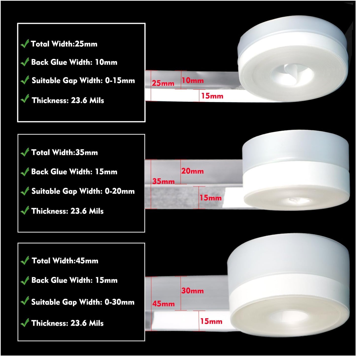 Silicone Seal Weather Stripping Tape 16.5 Ft Strip Bottom Draft Insulation Stopper Tape Weatherproof Soundproof for Door or Window Bathroom Shower Glass Gaps（35mm*5m）