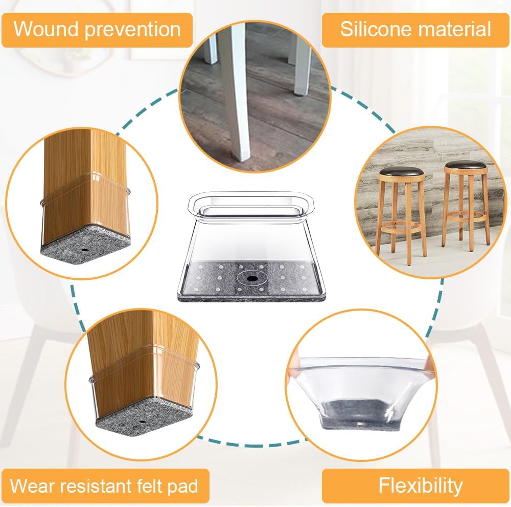 32 Pcs Rectangle Chair Leg Floor Protectors for Hardwood - Silicone Felt Furniture Pads, Scratch/Noise Reducing Covers, Small (Fits Perimeter 3-3/4" to 4-7/8")