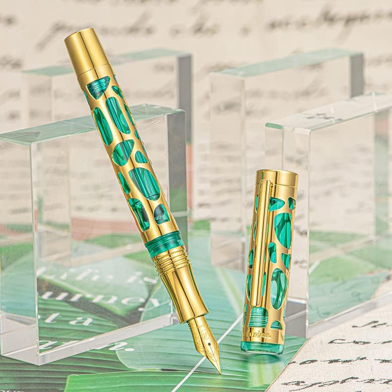 Asvine V169 Vacuum Filling Fountain Pen Iridium Medium Nib, Water Drop Skeleton Gold Trim Transparent Green Acrylic Pen Case Set