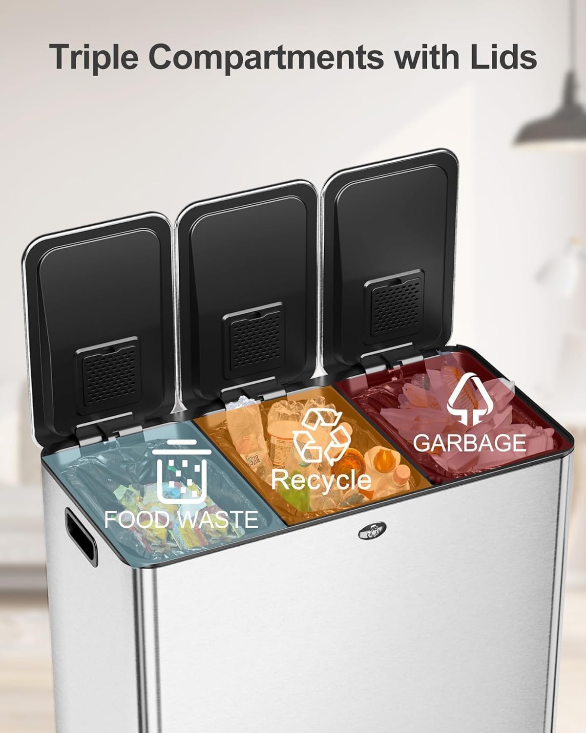 60L/15.9 Gal Gallon Three-Compartment Pedal Stainless Steel Kitchen Recycling Trash Can with Odor Seal, Hands-Free Foot Operated Waste Bin for Home, Office, Restaurant, School, Hospital