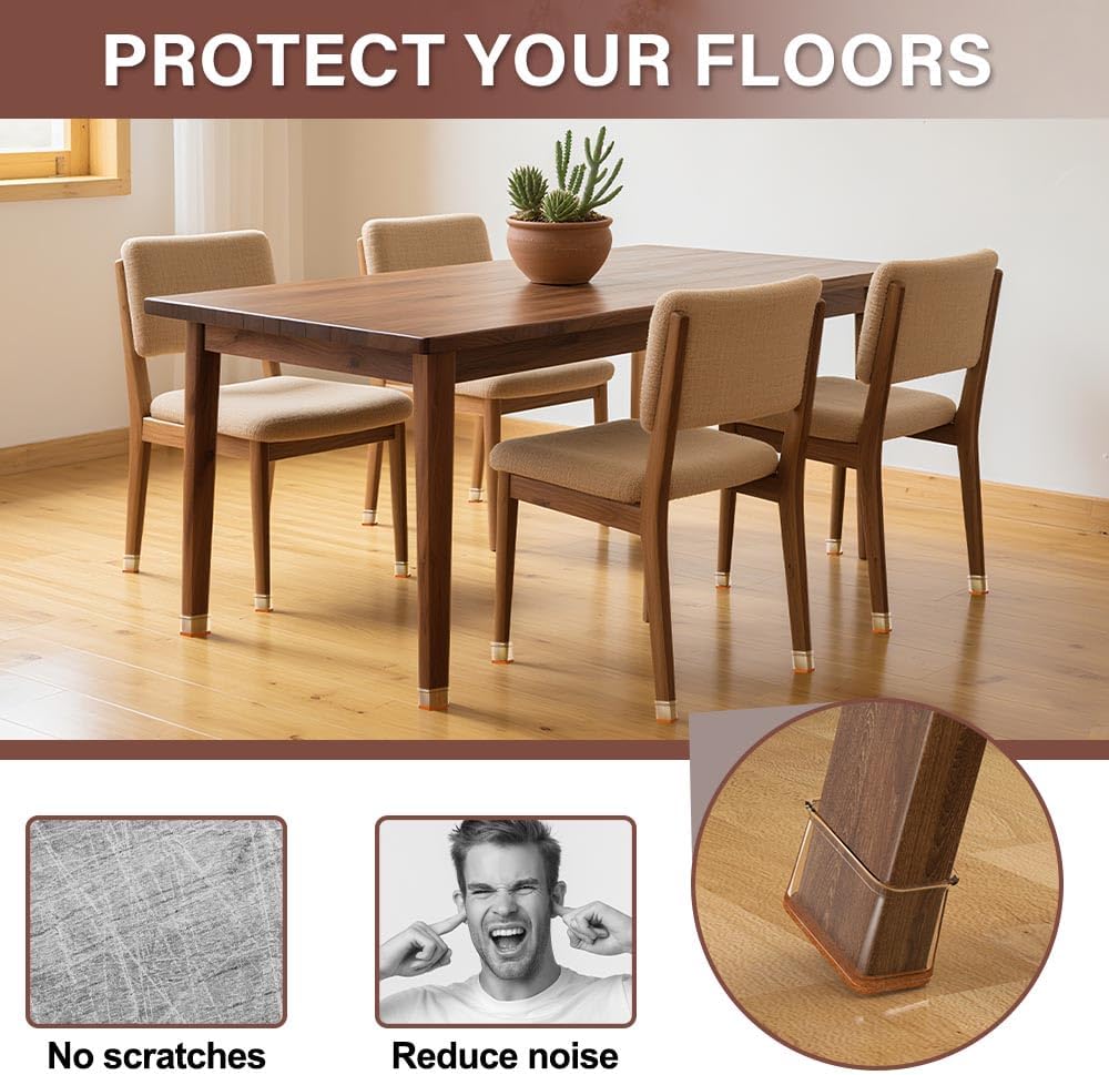 Chair Leg Floor Protectors Rectangle Chair Leg Protectors for Hardwood Floors Silicone Caps Felt Furniture Pads Covers Anti-Scratch Reduce Noise 32 Pack Clear Fit Perimeter 3-3/4'' to 4-7/8''