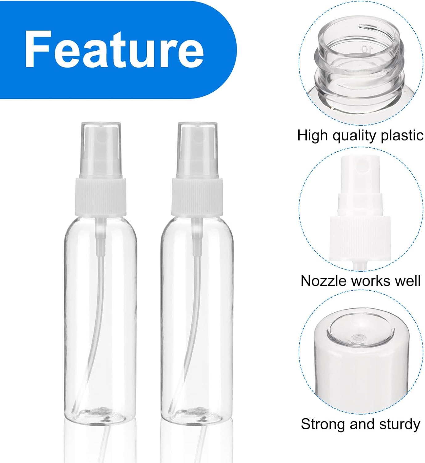 uxcell 20Pack Spray Bottles, 2Oz/60ML Clear Empty Mist Plastic Mini Travel Bottle Set,Small Refillable Liquid Containers for Household Use, Essential Oil, Cleaning (Transparent White)