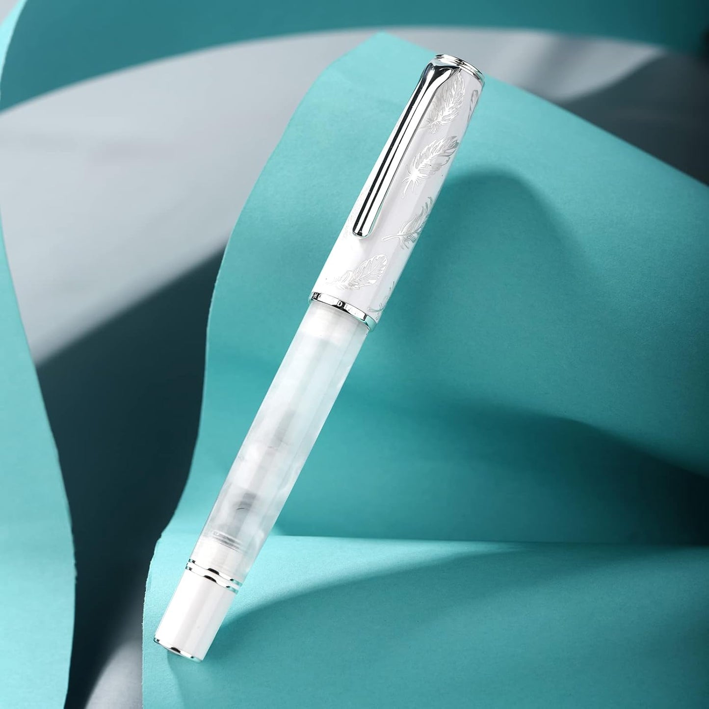 Hongdian N8 White Acrylic Resin Fountain Pen, Iridium Medium Nib Silver Plated Feather Carving Cap Smooth Writing Pen with Converter and Metal Pen Box Set