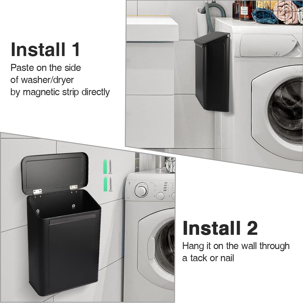 Picowe Magnetic Laundry Storage, Large Metal Lint Holder Bin with Lid for Laundry Room, Space-Saving Trash Container Hanging on Dryer, Washer or Wall Mount Trash Bin (Black)