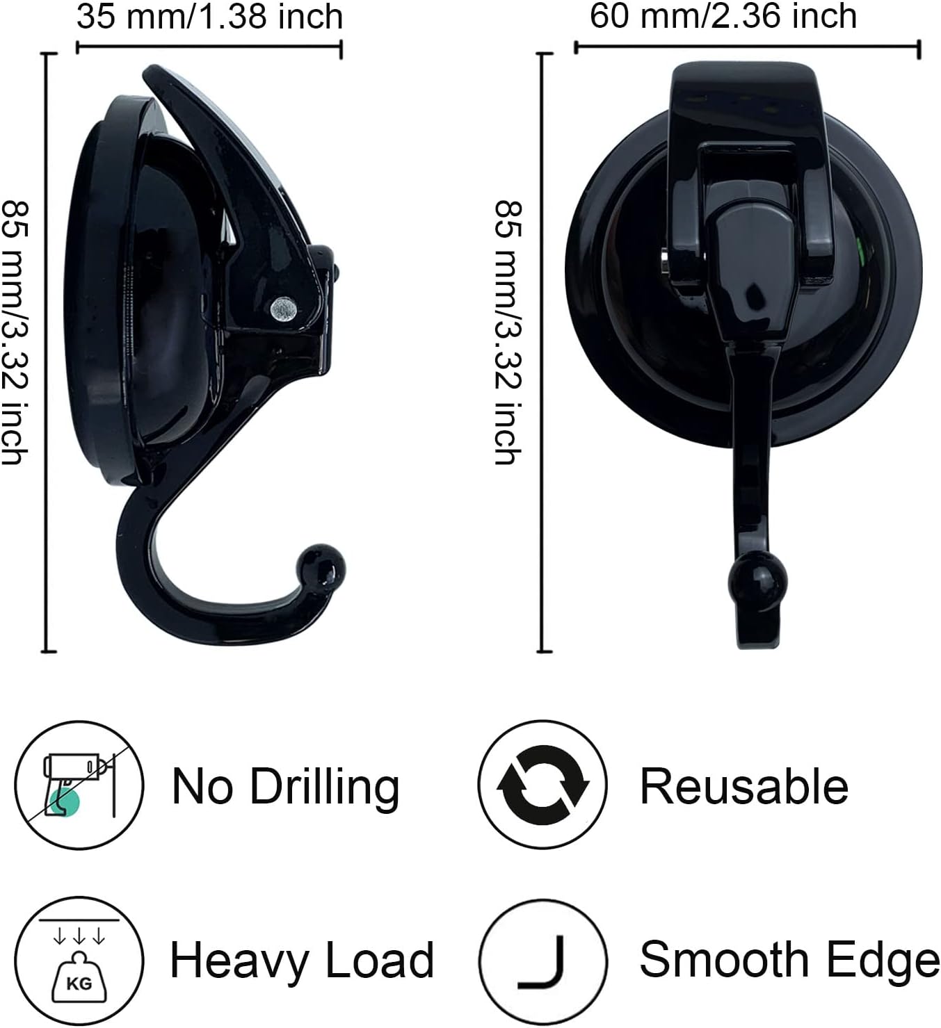 Heavy Duty Suction Cup Hooks for Shower, Bathroom Robe, Garland Decoration - Vacuum Glass Hooks, Reusable, No Hole Punched (Black, 4 Pack)