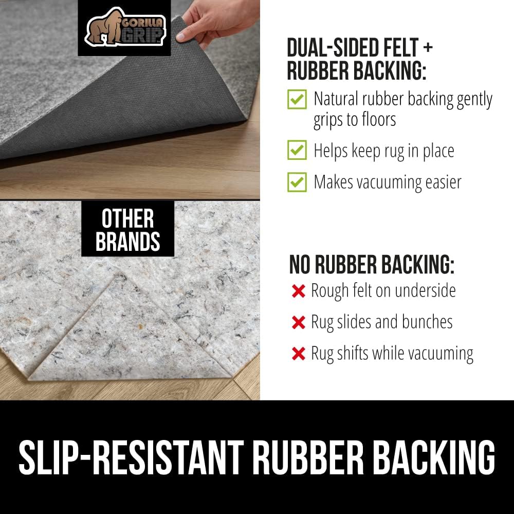 GORILLA GRIP Felt and Natural Rubber Stay in Place Slip Resistant Rug Pad, 1/4in Thick, 7x10 FT Protective Padding Under Area Rugs, Cushioned Gripper Pads, Carpet Runners, Hardwood Floors Protection