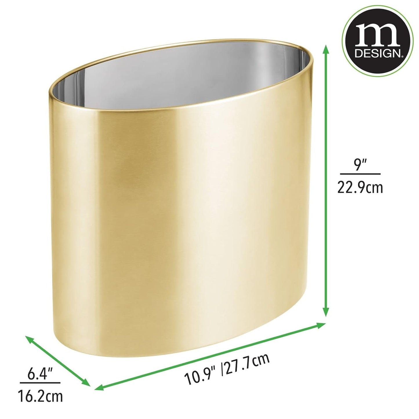 mDesign Stainless Steel Metal Oval Trash Can, 7.9 Liter/2.09 Gallon Wastebasket, Garbage Basket Bin for Bathroom, Bedroom, Kitchen, Home Office, Holds Waste and Recycle, Mirri Collection, Soft Brass
