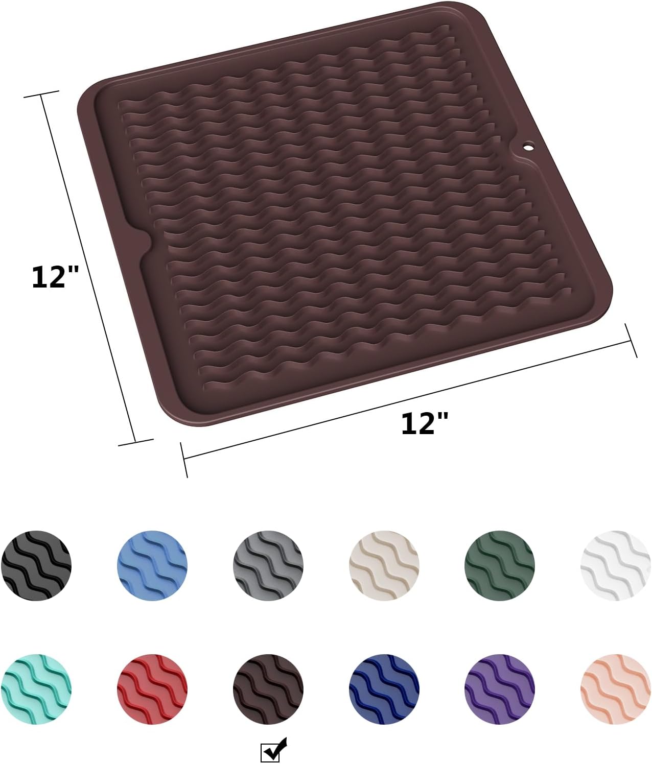 ZLR Silicone Dish Drying Mat for Kitchen Counter, Eco-Friendly Fast Dry Dish Mat, Easy Clean Multi Usage Drying Matt, Heat Resistant Trivet, 12" x 12" Middle, Coffee