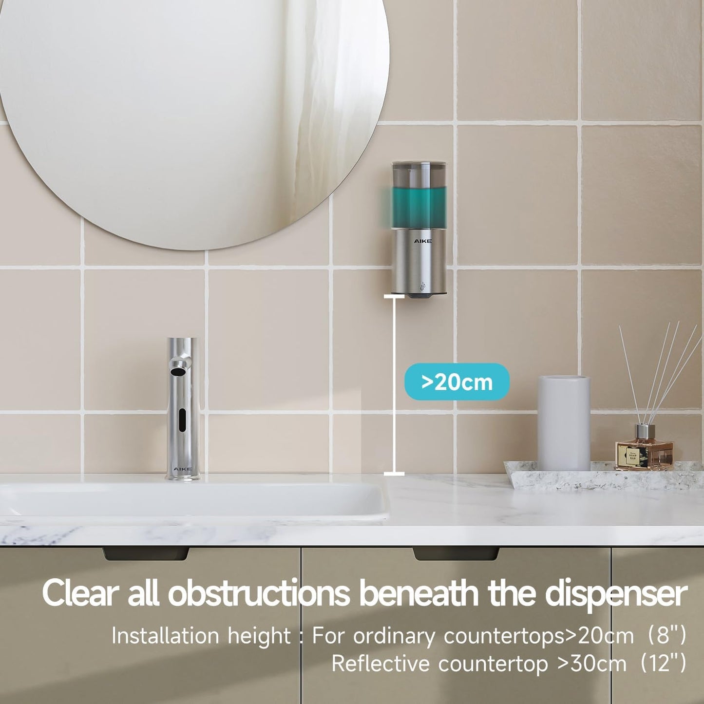 AIKE Automatic Soap Dispenser Wall Mounted for Kitchen and Bathroom, IPX7 Waterproof with Brushed Stainless Steel Finish 13.5fl.oz. for Liquid Soap