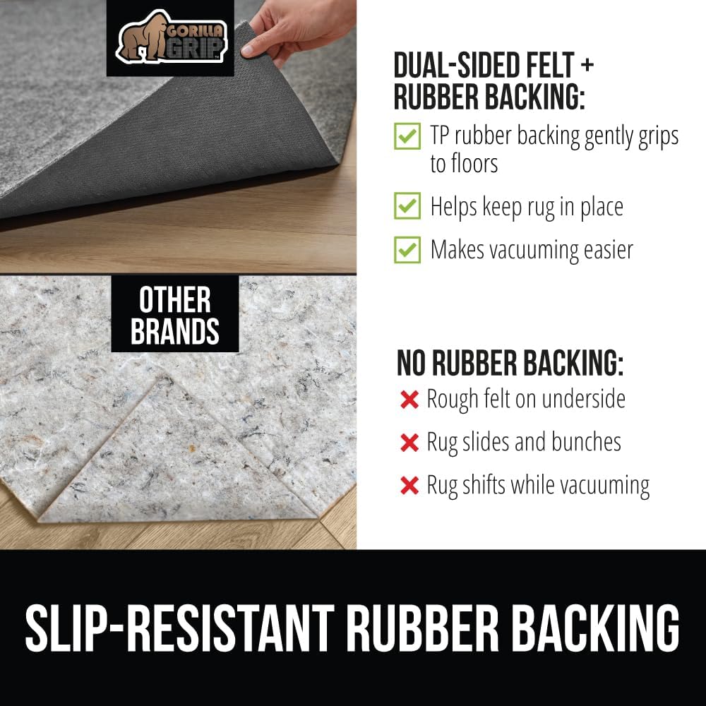 GORILLA GRIP Felt and Natural Rubber Stay in Place Slip Resistant Rug Pad, 1/8in Thick 2x10 FT Protective Padding for Under Area Rugs, Cushioned Gripper Pads, Carpet Runners Hardwood Floors Protection