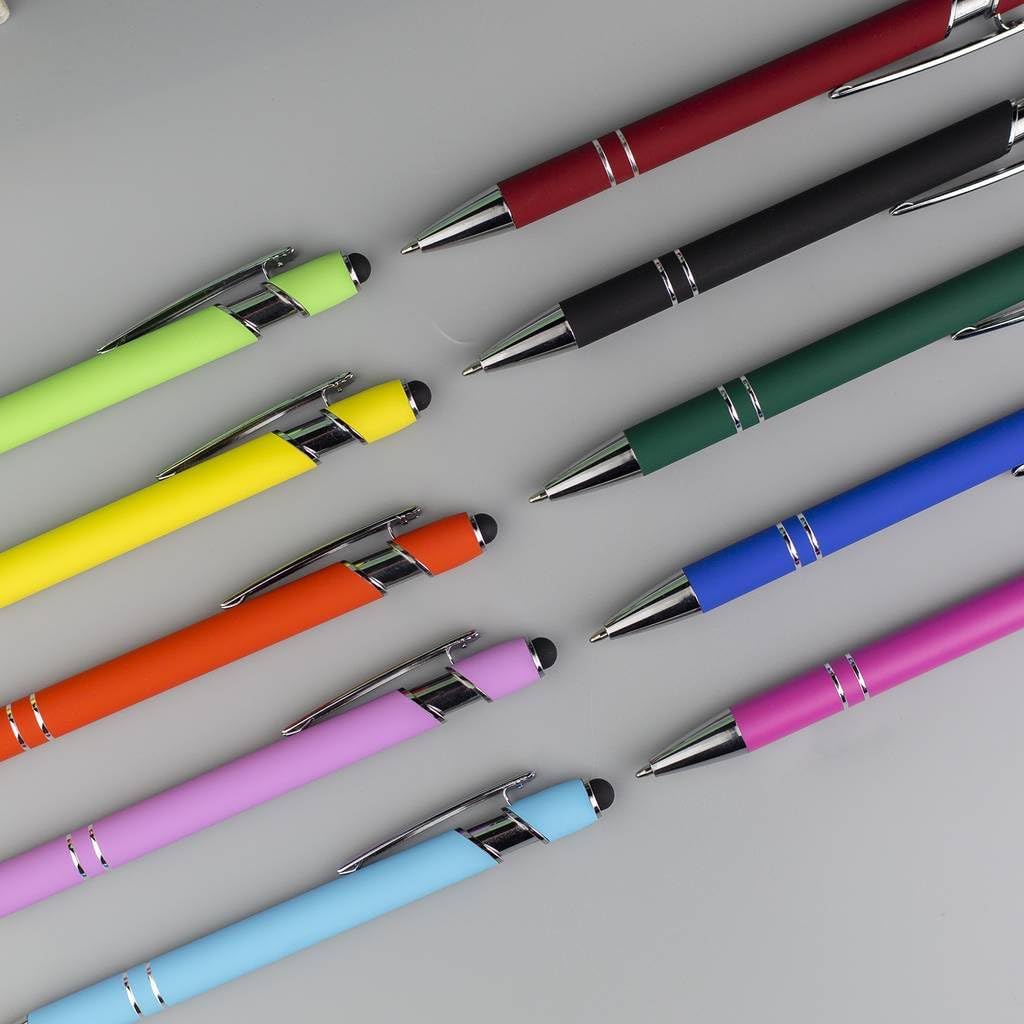 10-Pack Ballpoint Pens with Stylus Tip, Black Ink, 1.0mm Medium Point, Matte Metal Barrel, Assorted Colors – Soft Touch Grip for Office, School