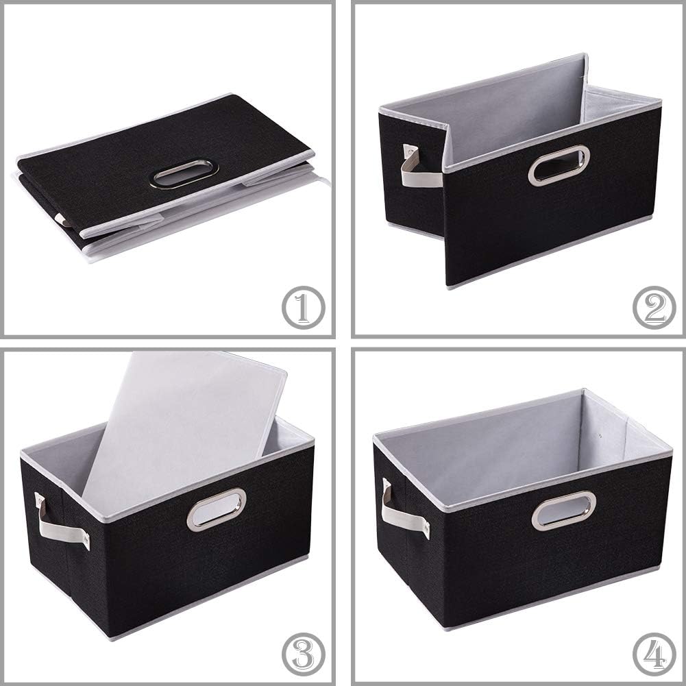PRANDOM Fodable Storage Baskets for Closet [5-pack] Decorative Fabric Storage Bins Cubes with Leather/Metal Handles for Shelves Bedroom Living Room Black (11.5x8.5x6.7 Inch)