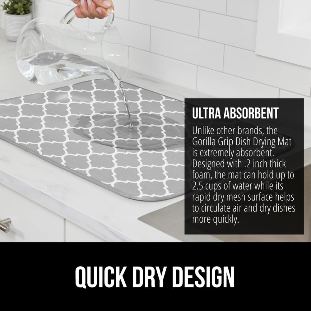 GORILLA GRIP Ultra Water Absorbent Microfiber Dish Drying Mat, 18x24, Quick Dry Thick Mesh, Slip Resistant Pad for Sink Dishes or Under Rack, Kitchen Counter Accessories, Machine Wash Mats, Quatrefoil