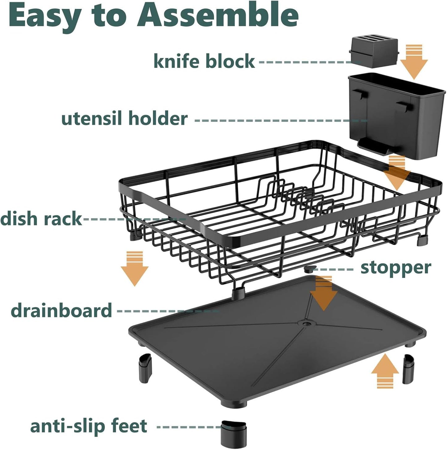 Iron Dish Drying Rack with Drainboard Dish Drainers for Kitchen Counter Extendable Spout Strainers with Utensil Holder and Knife Slots, Grey