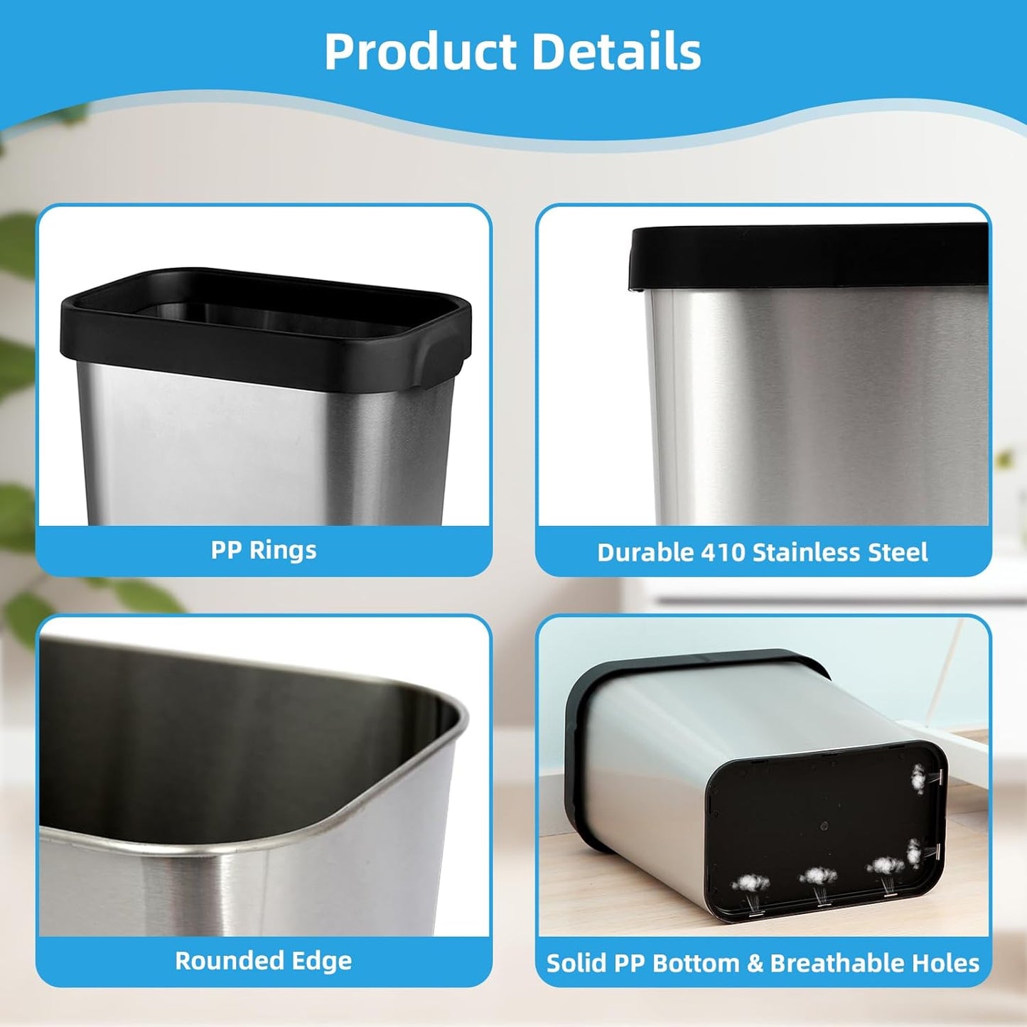2 Pack Stainless Steel Trash Can 3 Gallon, Open Top Trash Can, 8" x 11" x 13", Rectangle Rubbish Bin, Slim and Narrow, No Lid Small Wastebasketfor Kitchen, Bathroom, Living Room, Office