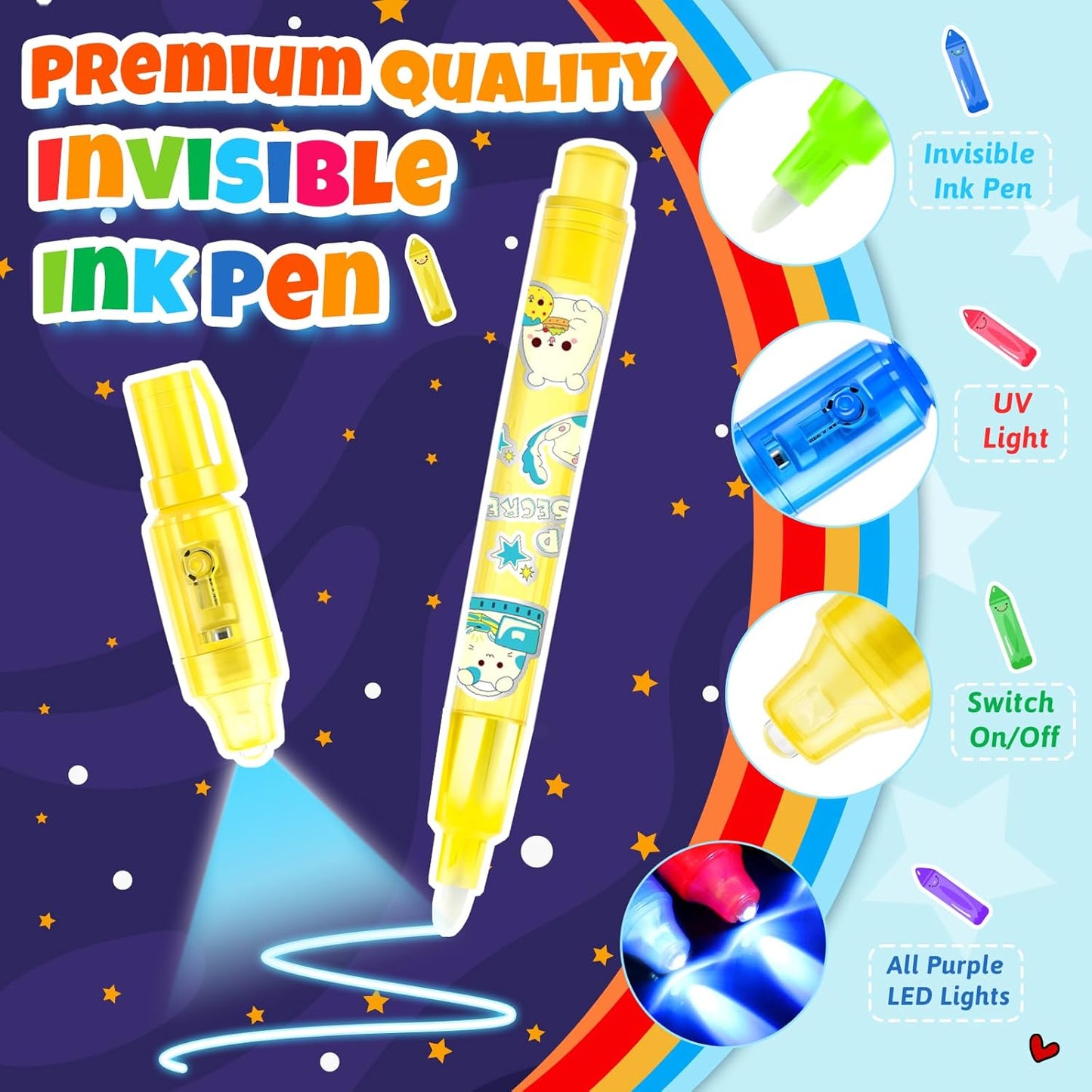 GIFTINBOX Invisible Ink Pen with UV Light for Kids, 24PCS Spy Pen Party Favors for Kids 8-12, Magic Marker for Secret Message, School Supplies Birthday Goody Bag Stuffers for Boys Girls