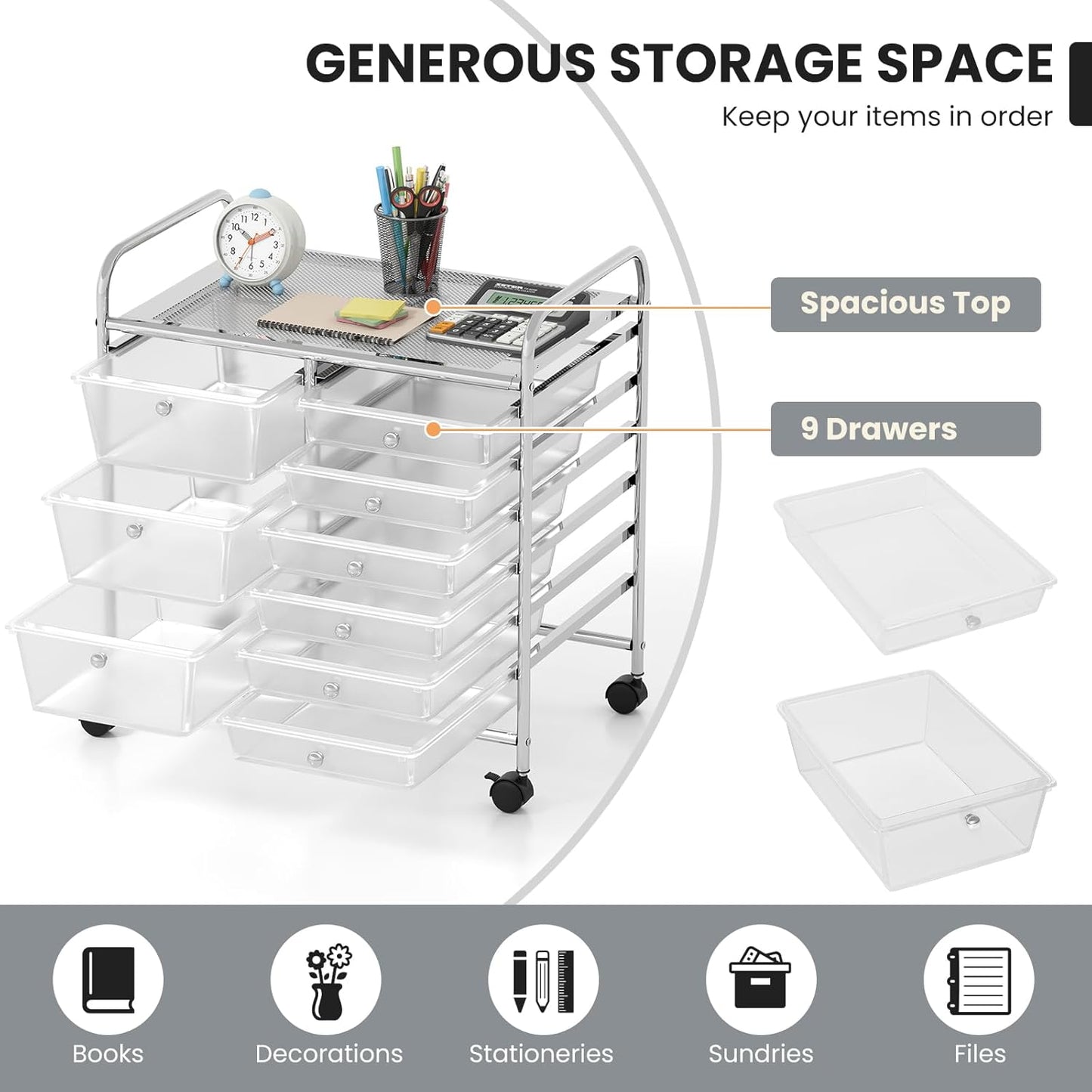 GOFLAME 9-Drawer Rolling Storage Cart, Mobile Utility Cart with Removable Drawers & Metal Frame, Art Craft Organizer Cart with Lockable Wheels, Storage Drawer Cart for Home Office, School, Clear