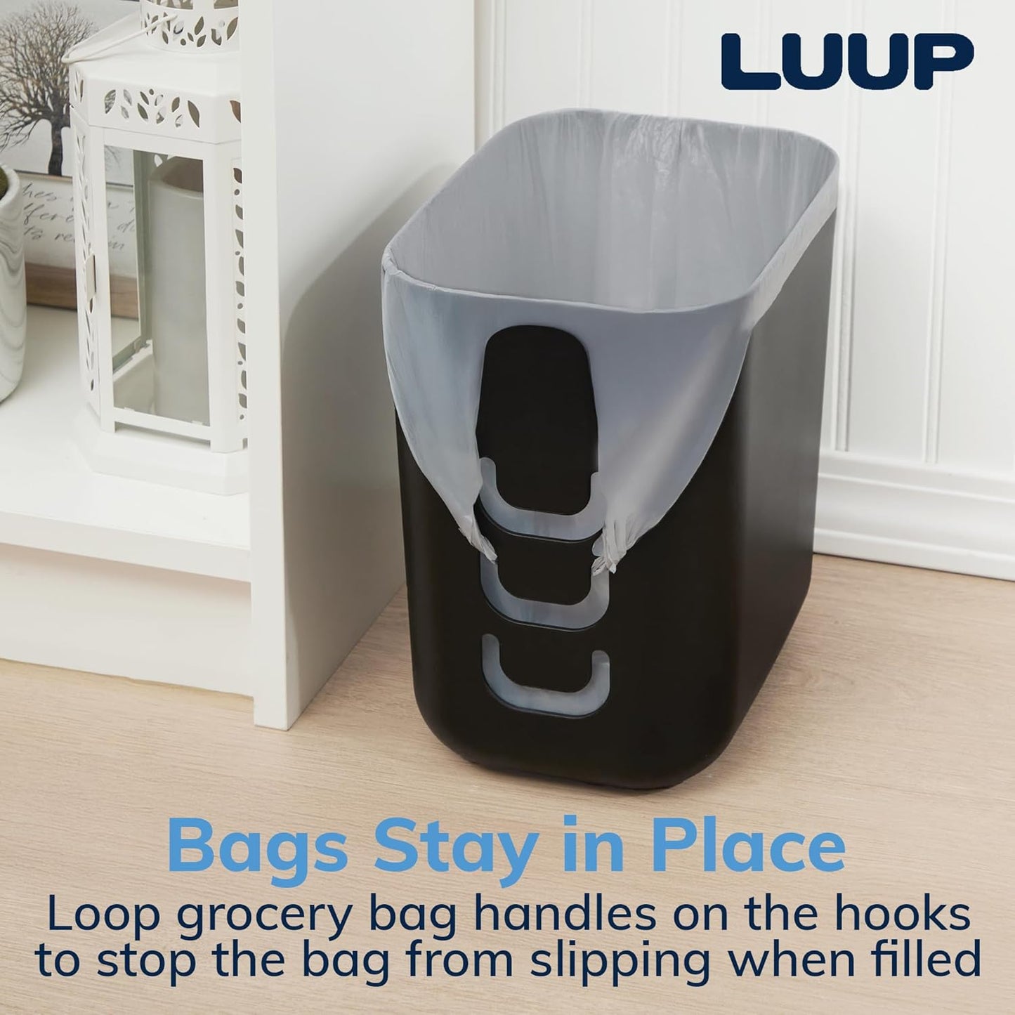 STORi Luup Bathroom Wastebasket, Secure Grocery Bags, Plastic Garbage Container for Vanity, Laundry Room, Kitchen, Office, 2.5 Gallon, Black, Made in USA
