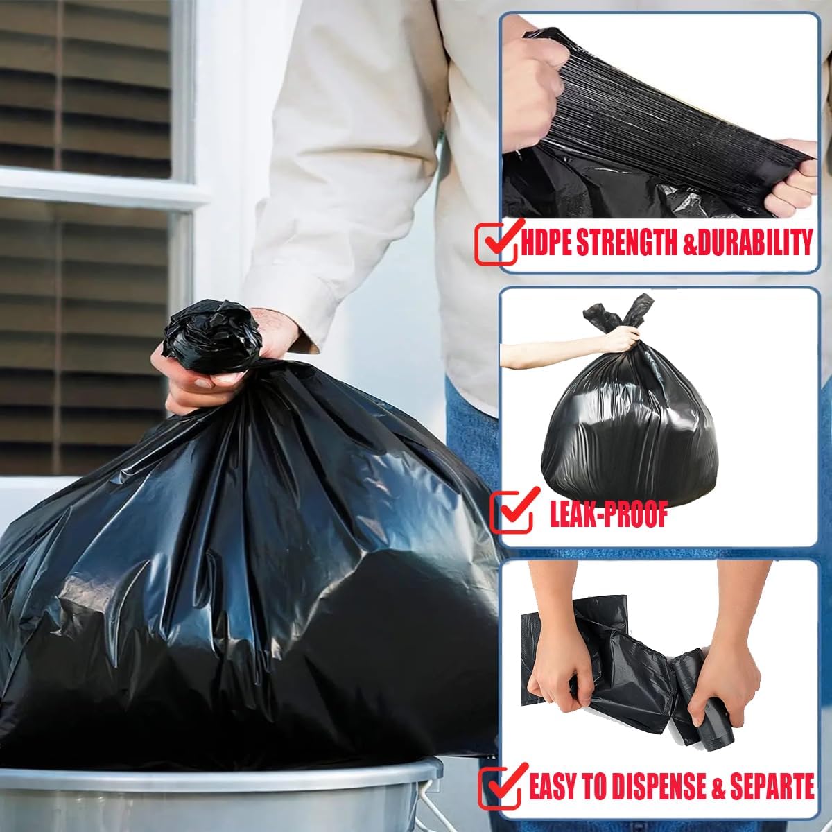 40-45 Gallon Lawn & Leaf Trash Bags, 125 Count Bulk, Black Garbage bags, Multi-purpose Trash Can Bin Liners for Home Commercial, Outdoor, Construction, Industrial
