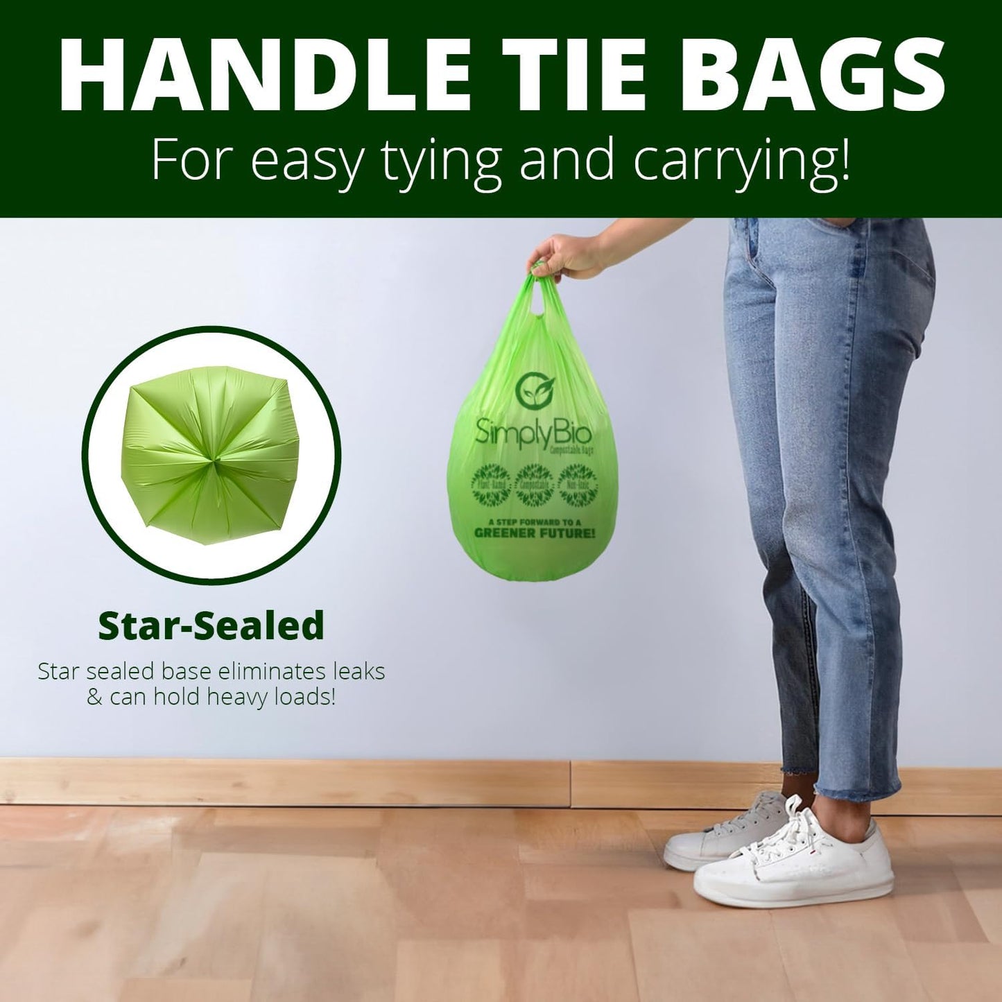 Simply Bio 1.6 Gallon Compostable Trash Bags Liners Handle, Heavy Duty Extra Thick 0.6 Mil, 6.06 Liter, 50 Bags, Small Kitchen Food Scrap Waste Bag, ASTM D6400, US BPI and OK Compost Home Certified