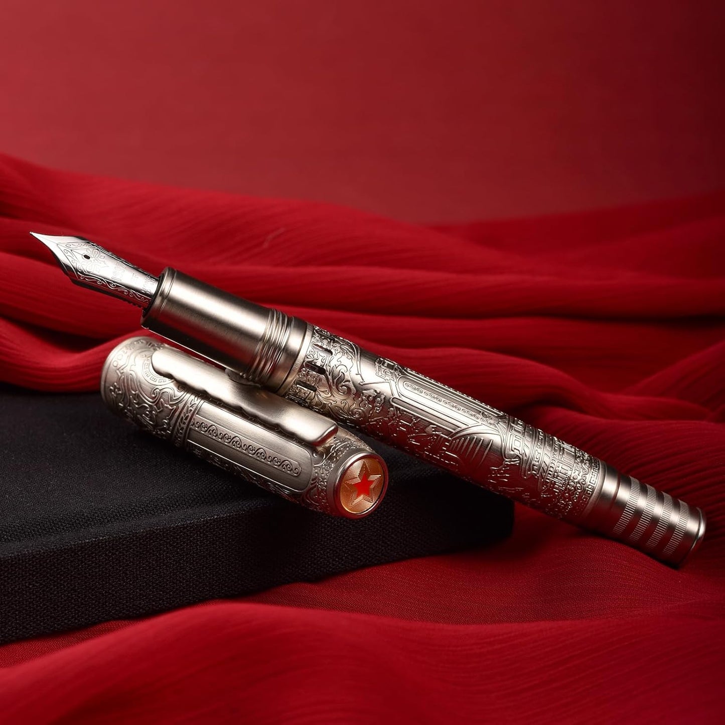Hongdian 100 Silver Steel Piston Fountain Pen, Iridium Long Blade Fine Nib Calligraphy, Smooth Writing Pens, Nice Writing Pen for Men & Women