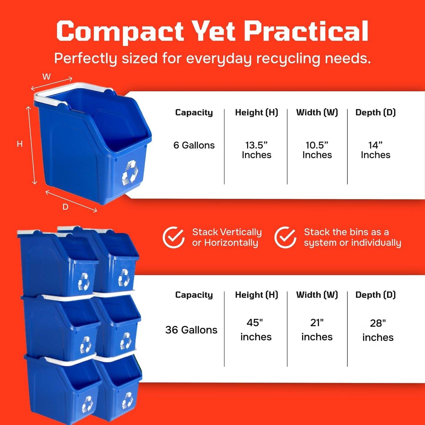 Multi Recycling Bin System with Three Stacking 6 Gallon Bins with Carrying Handles, Stackable and Compact for Offices, Homes, Garages, Businesses - (Grey, 6 Pack)