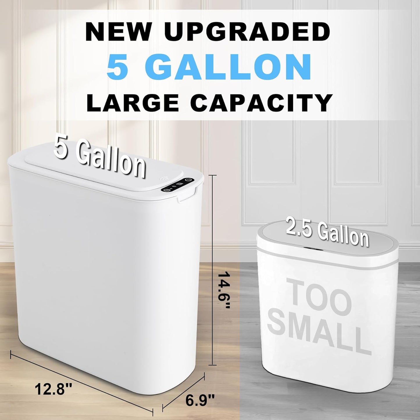 Cesun Motion Sensor Trash Can, 5 Gallon Automatic Bathroom Garbage Can with Lid, Touchless Smart Plastic Slim Wastebasket for Bathroom, Office, rv, Bedroom, Living Room, White