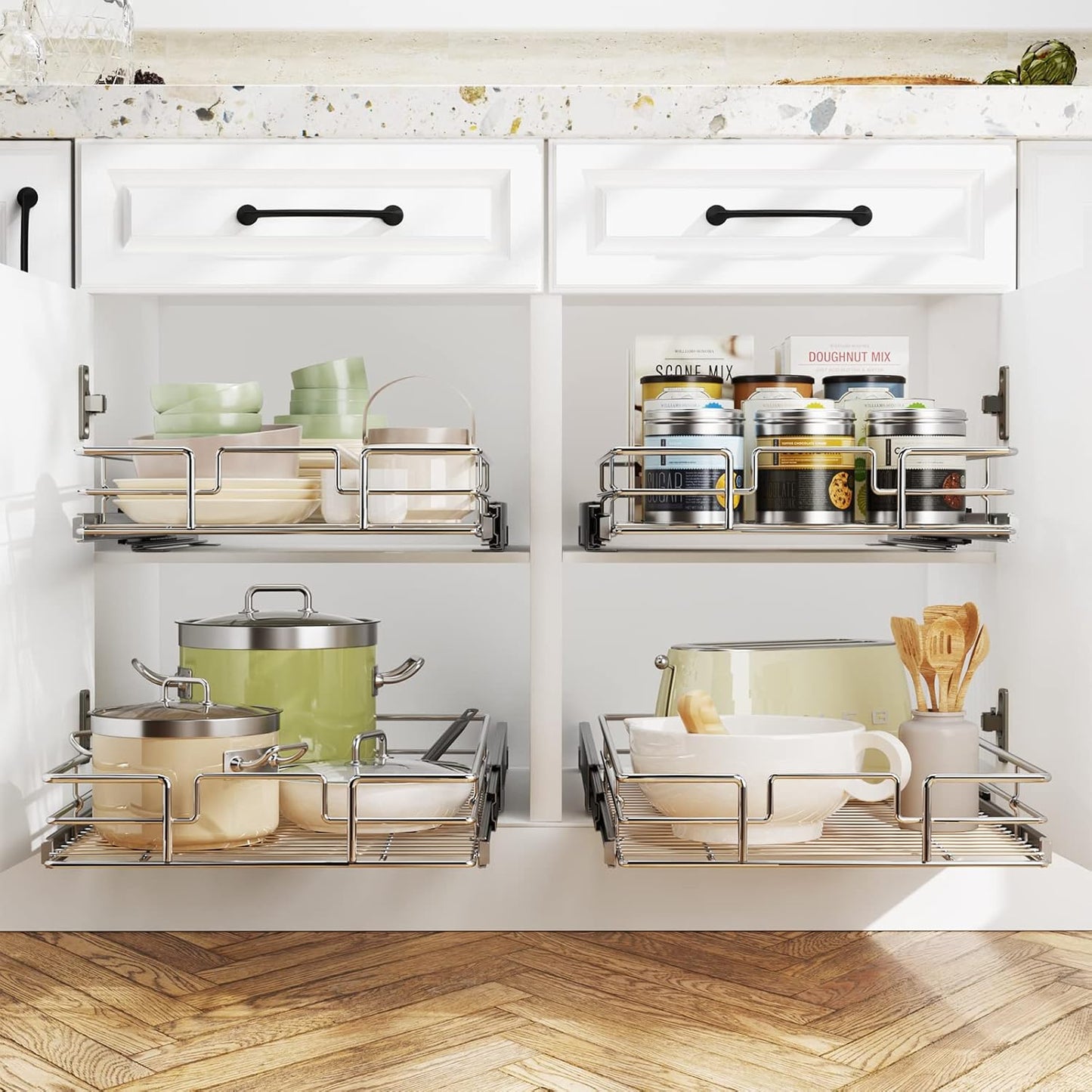 LOVMOR Pull Out Cabinet Organizer 14"W x 21"D, Kitchen Cabinet Pull Out Shelves Slide Out Storage