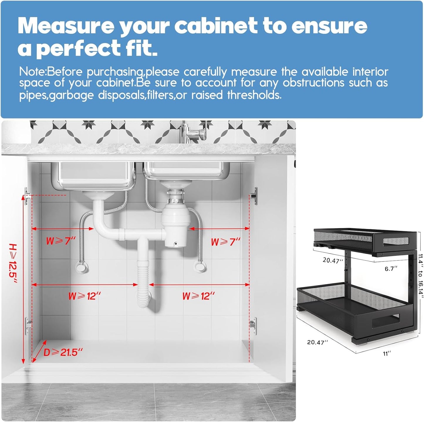 2 Pack 20.47IN Depth Under Sink Storage Organizer, Large 2-Tier Elegant Mesh Pull Out Shelf for Kitchen and Bathroom Cabinet Organization, L-Shaped and Adjustable Height Design-Black
