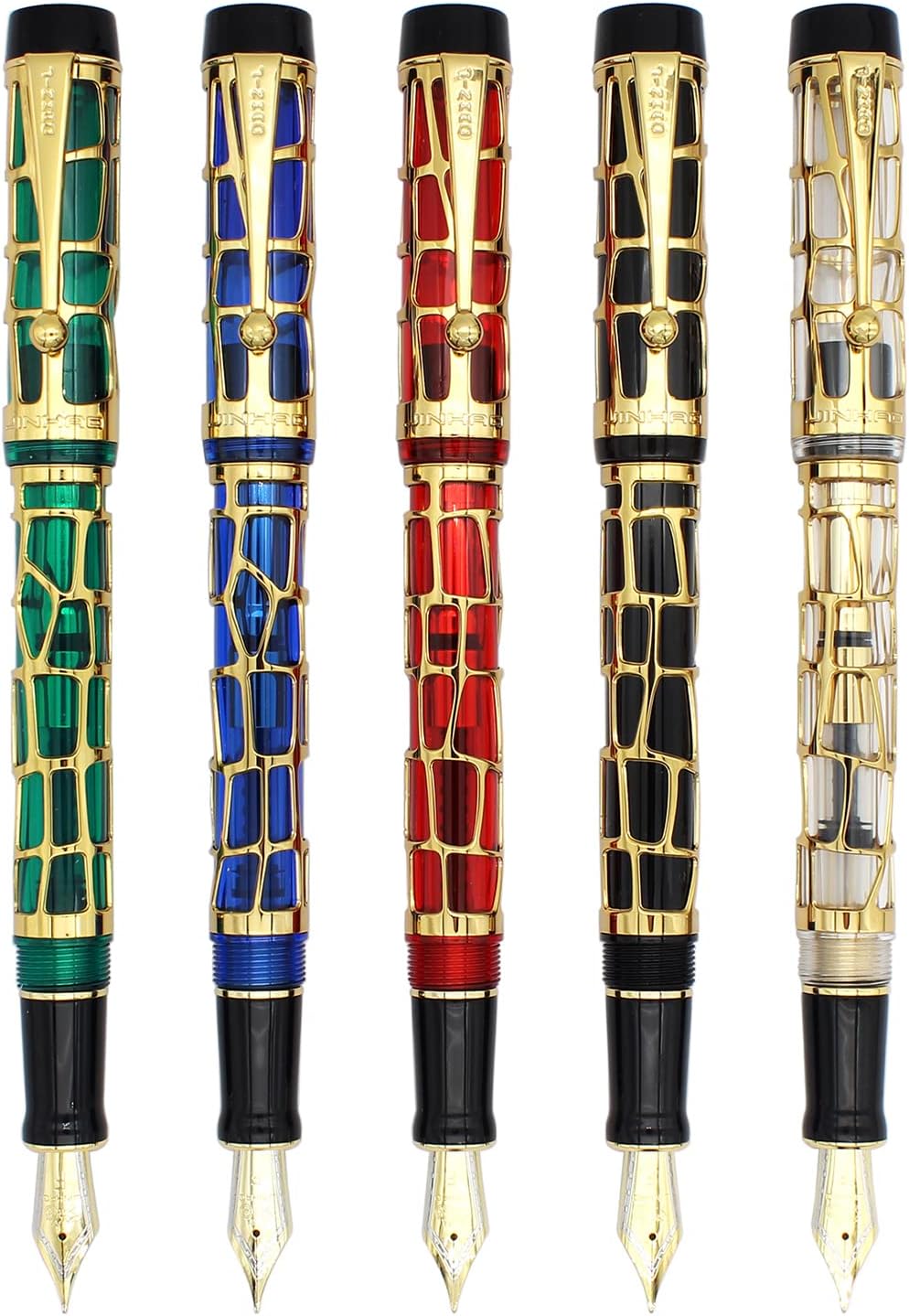 Gullor Century 100 Fountain Pen, Skeleton Hollow-out Series Golden, Screw-Cap, Fine Nib, Transparent Blue