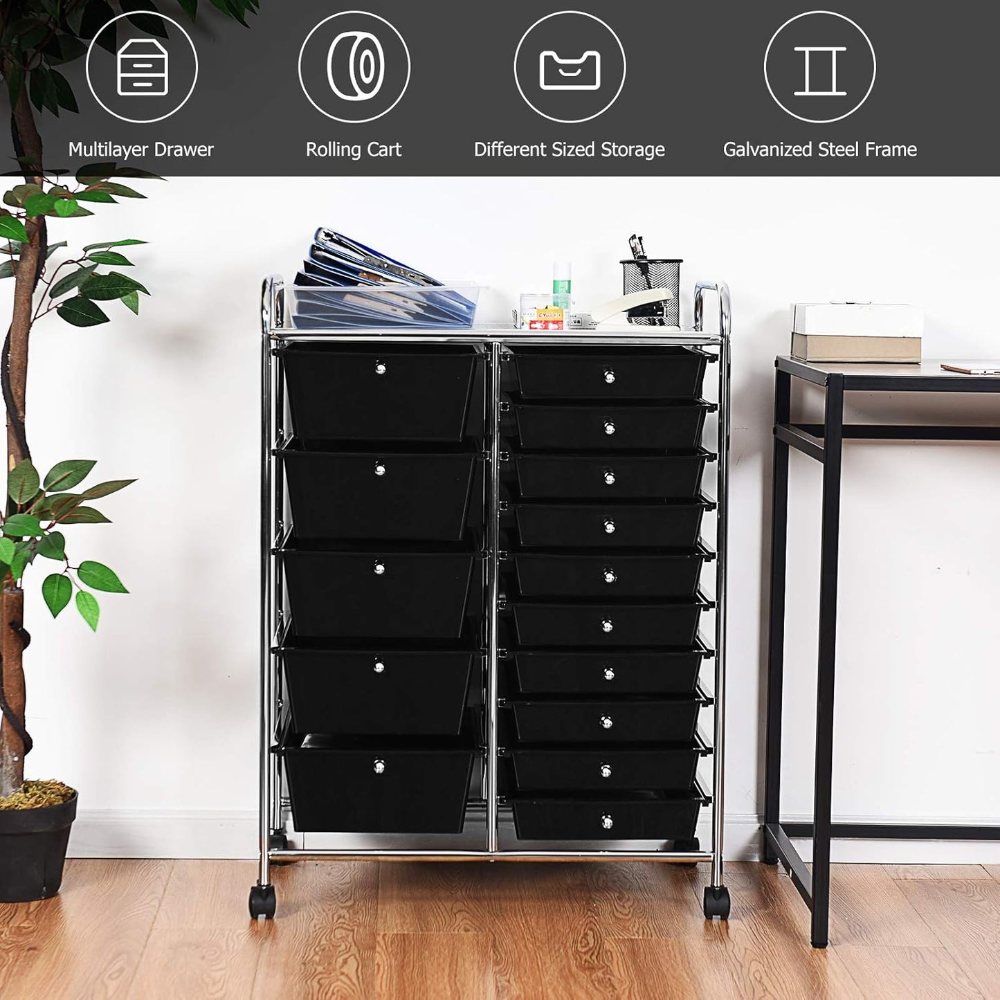 GOFLAME 15-Drawer Rolling Storage Cart, Multipurpose Movable Organizer, Utility Cart for Home, Office, School, Black