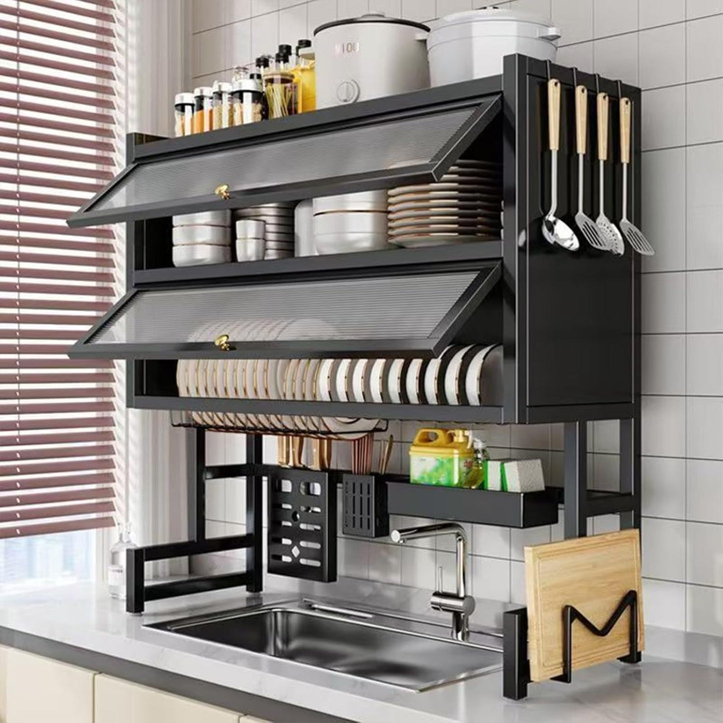 Over The Sink Dish Drainer Drying Rack 4 Tiers with Cover, Keep Kitchen Sink Shlef Organized Space-Saving Dish Drying Rack, Large Drying Rack for Dishes, Glasses, Bowls, Cutlery W-33.5in