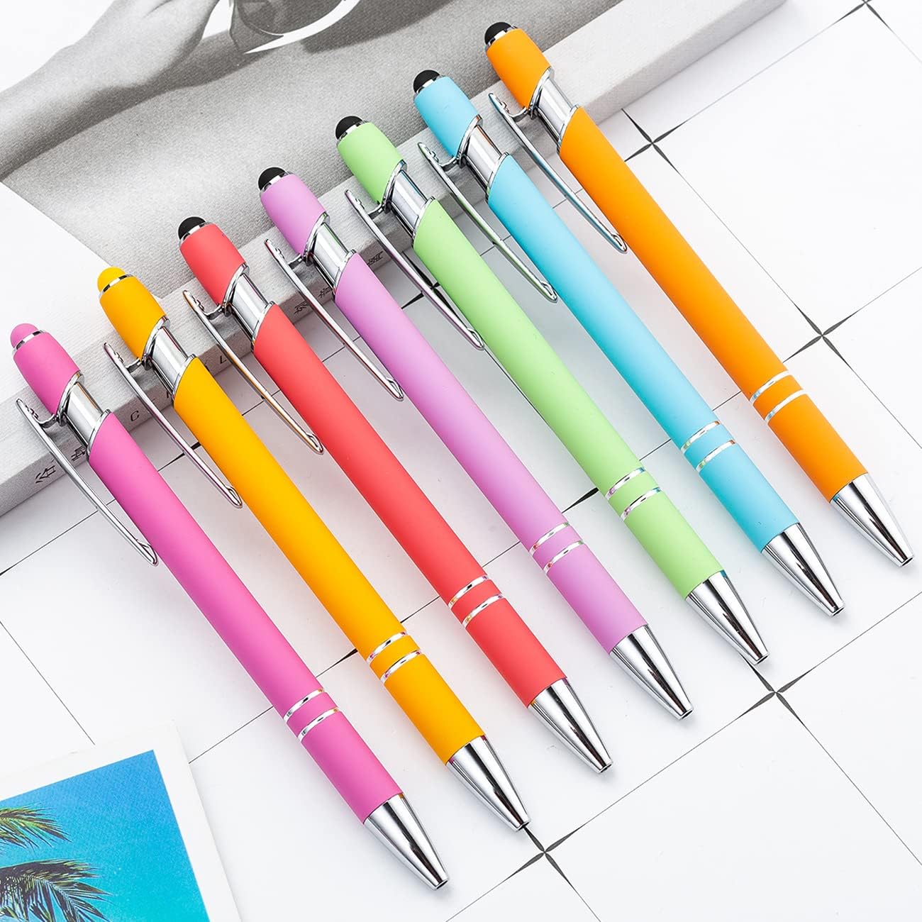 PASISIBICK 12 Pieces Rainbow Rubberized Soft Touch Ballpoint Pen with Stylus Tip, Stylish, Premium Metal Pen, Black Ink, Medium Point(Pack of 12)