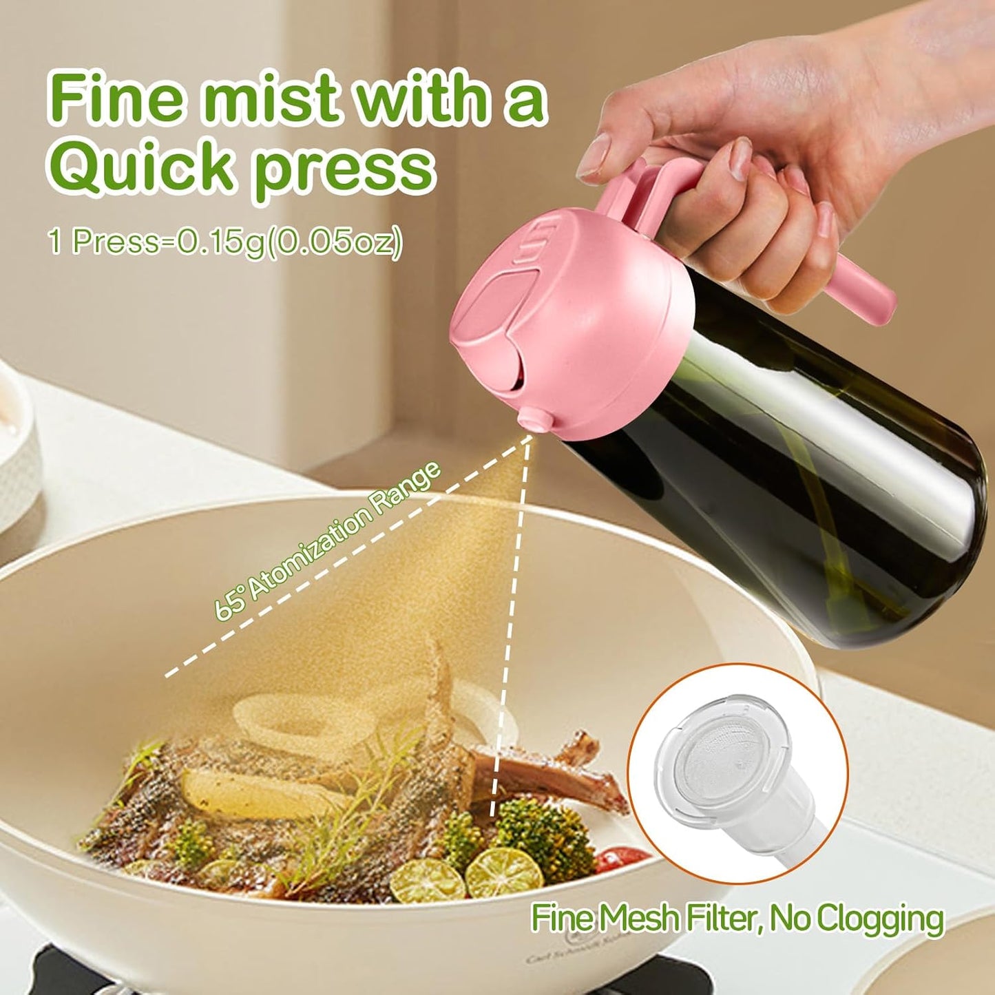 YARRAMATE 2Pcs 16oz/470ml Dark Green Oil Sprayer for Cooking with Stickers, Food-grade Premium 2 in 1 Olive Oil Dispenser Bottle for Kitchen Gadgets, Air Fryer, Salad, Frying, BBQ (Pink&Black)