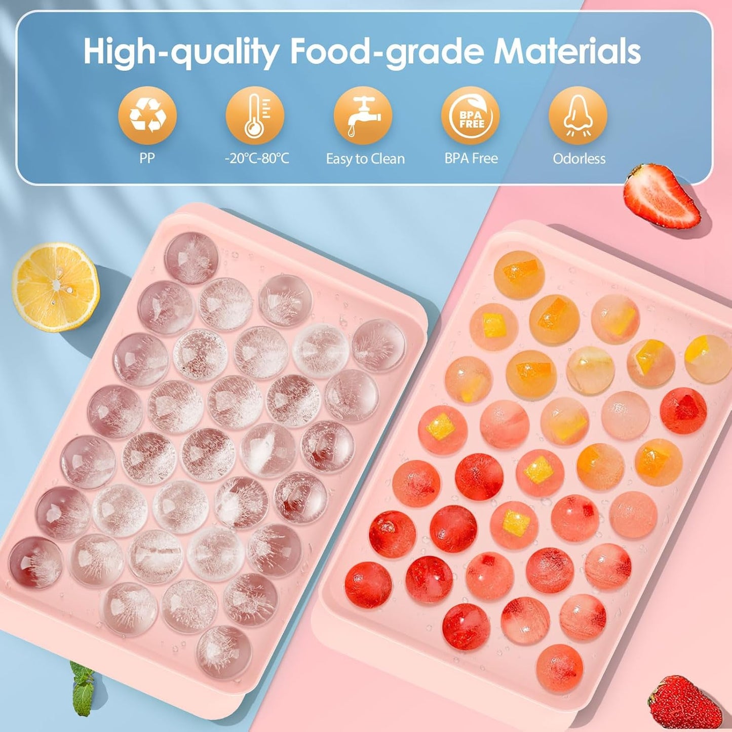 WIBIMEN Ice Cube Tray with Lid and Bin - Round Ice Trays for Freezer with Lid - Ice Cube Trays for Freezer with Ice Container (1"-2PACK Pink)