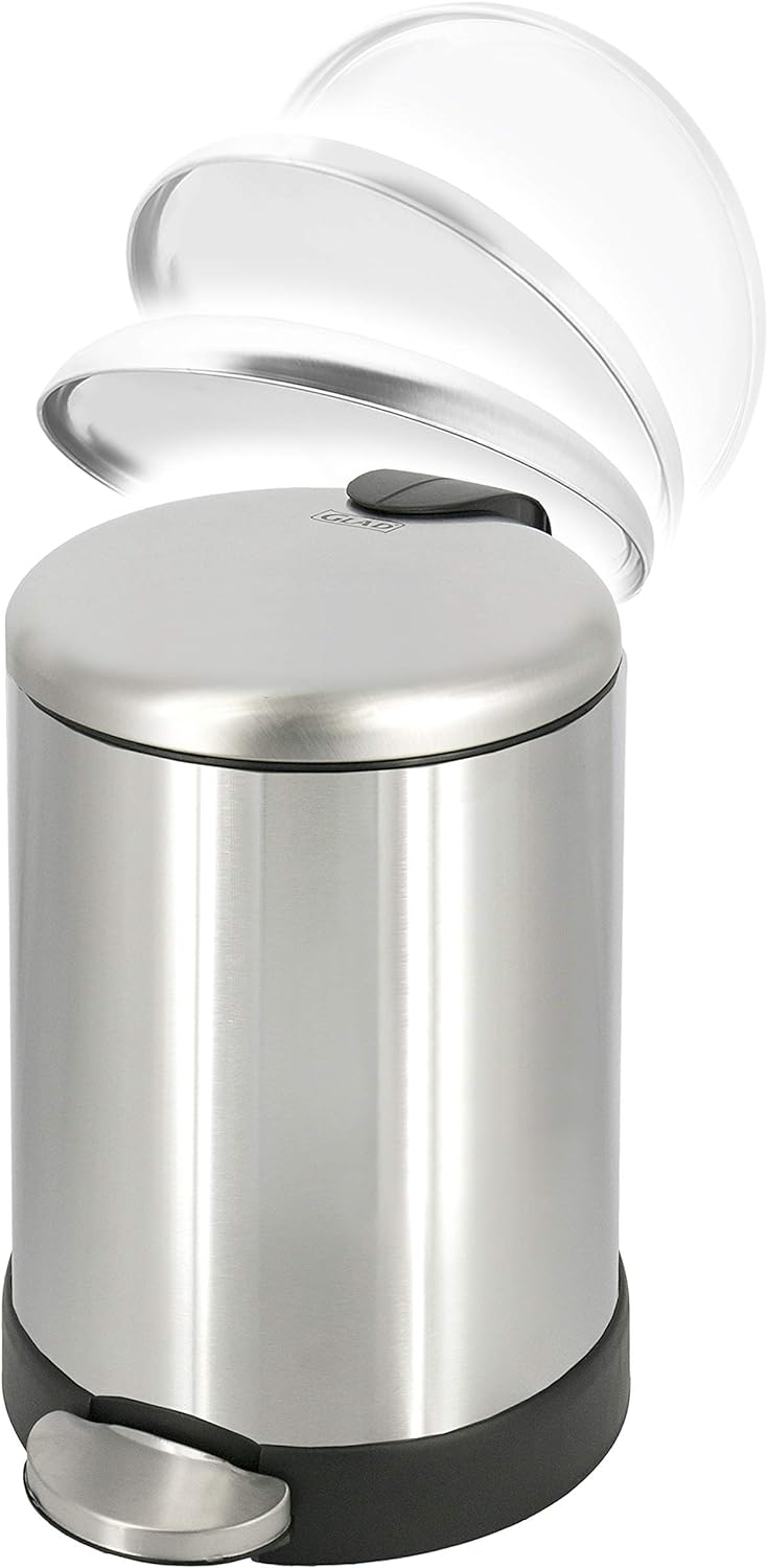 GLAD Small Trash Can, 1.2 Gallon | Round Stainless Steel Garbage Bin with Soft Close Lid & Step Foot Pedal | Metal Waste Basket with Removable Inner Bucket, Stainless