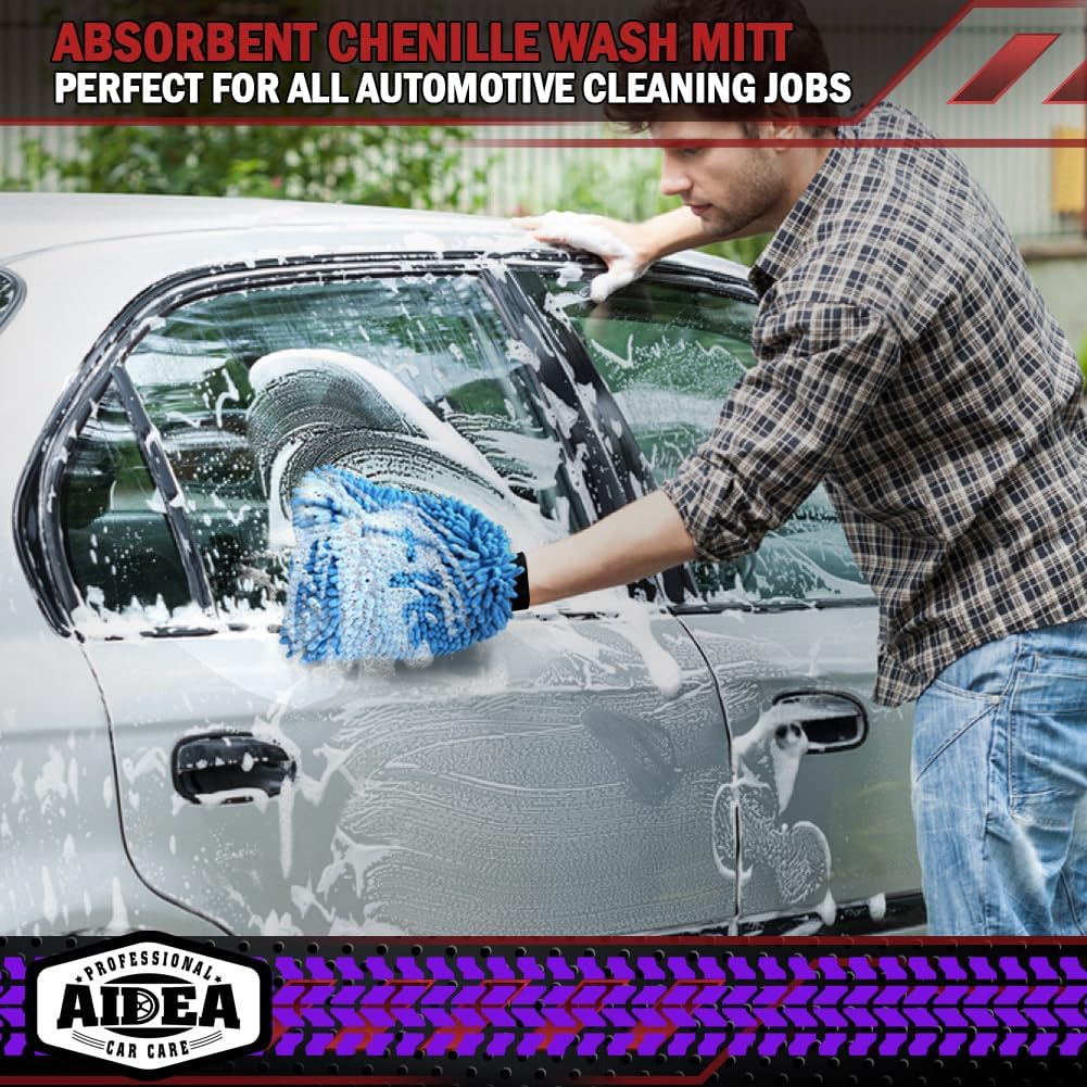 AIDEA Car Wash Mitt Microfiber, 1PK Scratch Free Lint-Free, Premium Chenille Microfiber Sponge Mitt Car Wash Brush, Blue, Regular Size 7.12''X10.14''