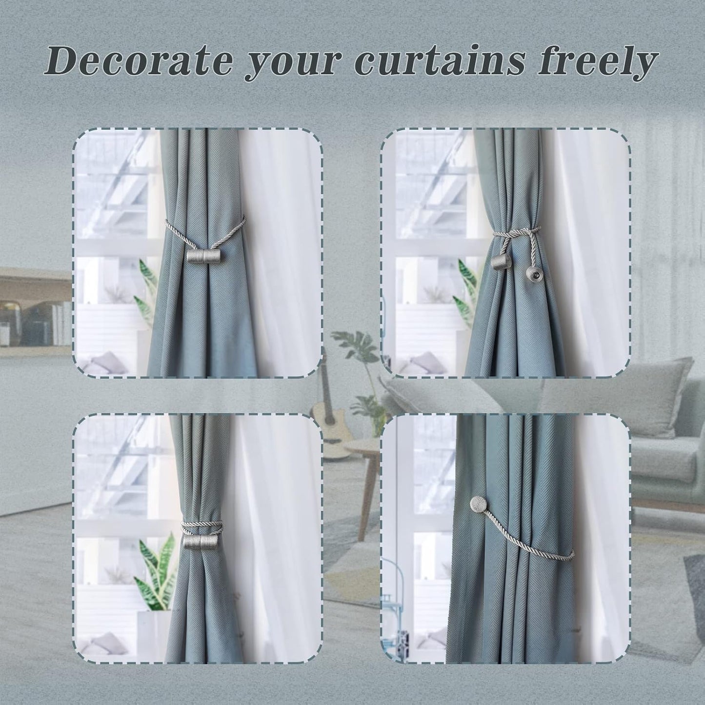 Hion Magnetic Curtain Tiebacks Grey 4 Pack, Curtain Tiebacks Buckles Holdbacks Holders Hooks Clip for Home Bedroom Office Decorative Thick or Thin Curtain