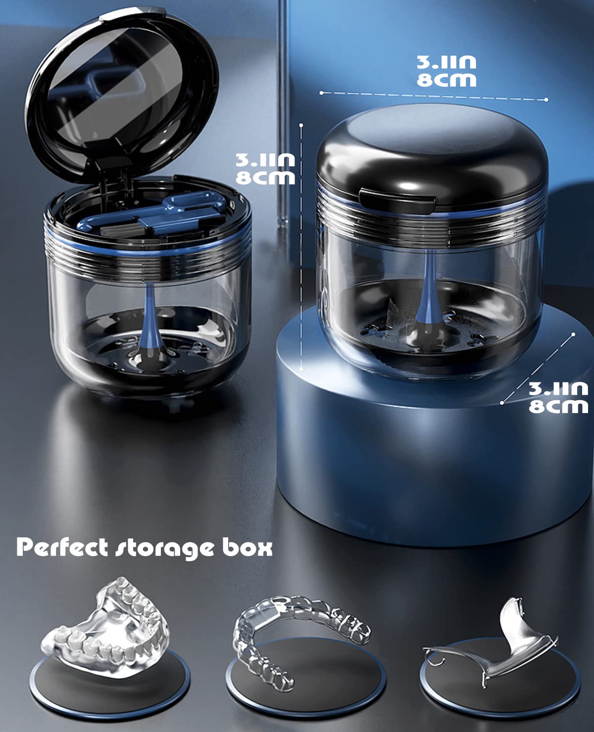 MURRI&MURRDI Retainer Case, Denture Bath Box with Strainer Basket, Mouth Guard Case, Braces Cleaner Cup, Cute Denture Holder Nightguard Storage Soak Container for Travel (Black)