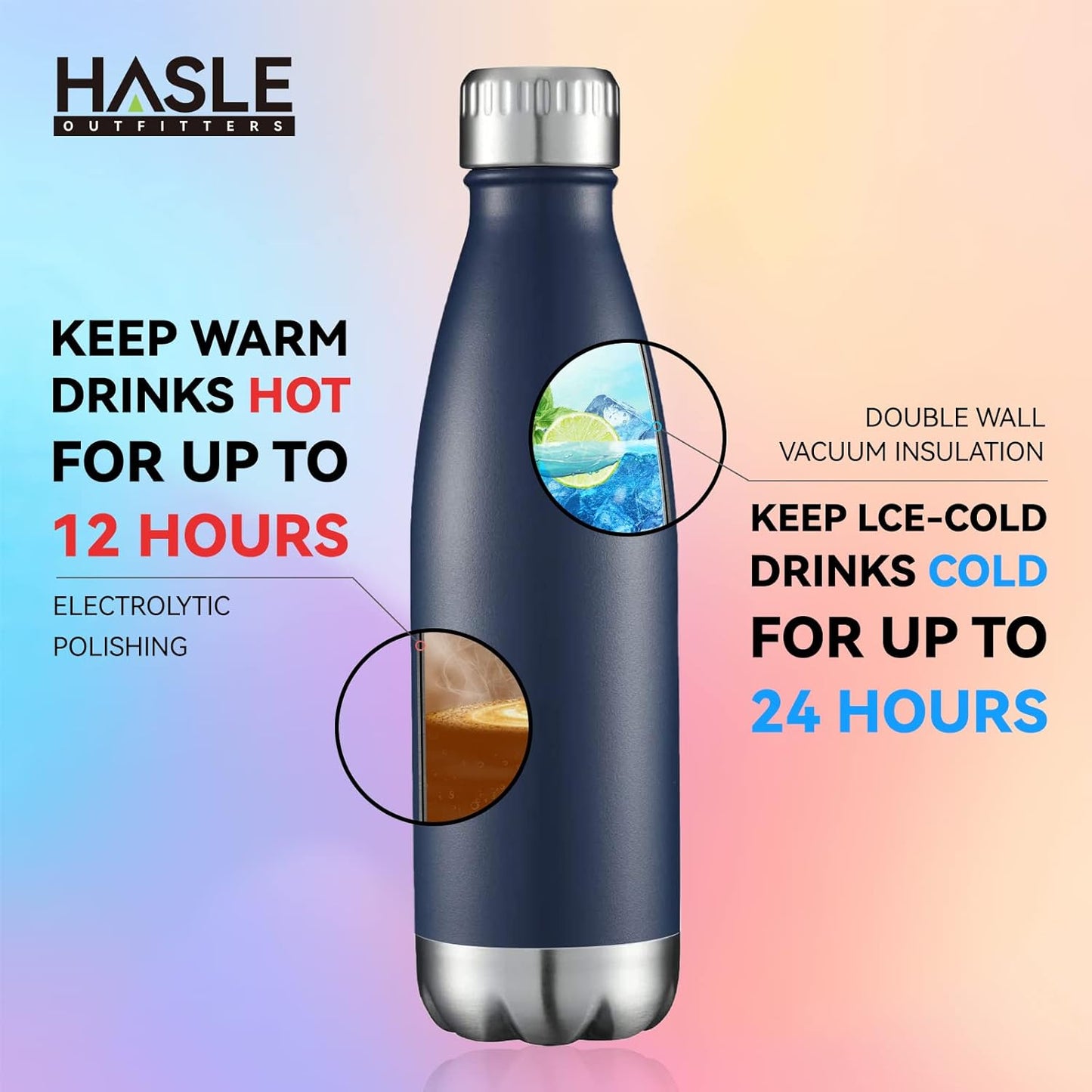 HASLE OUTFITTERS 17oz Stainless Steel Water Bottles, Vacuum Insulated Water Bottles Double Walled Powder Coated Reusable Metal Sports Water Bottles Keep Drinks Hot and Cold, Navy, 1Pack