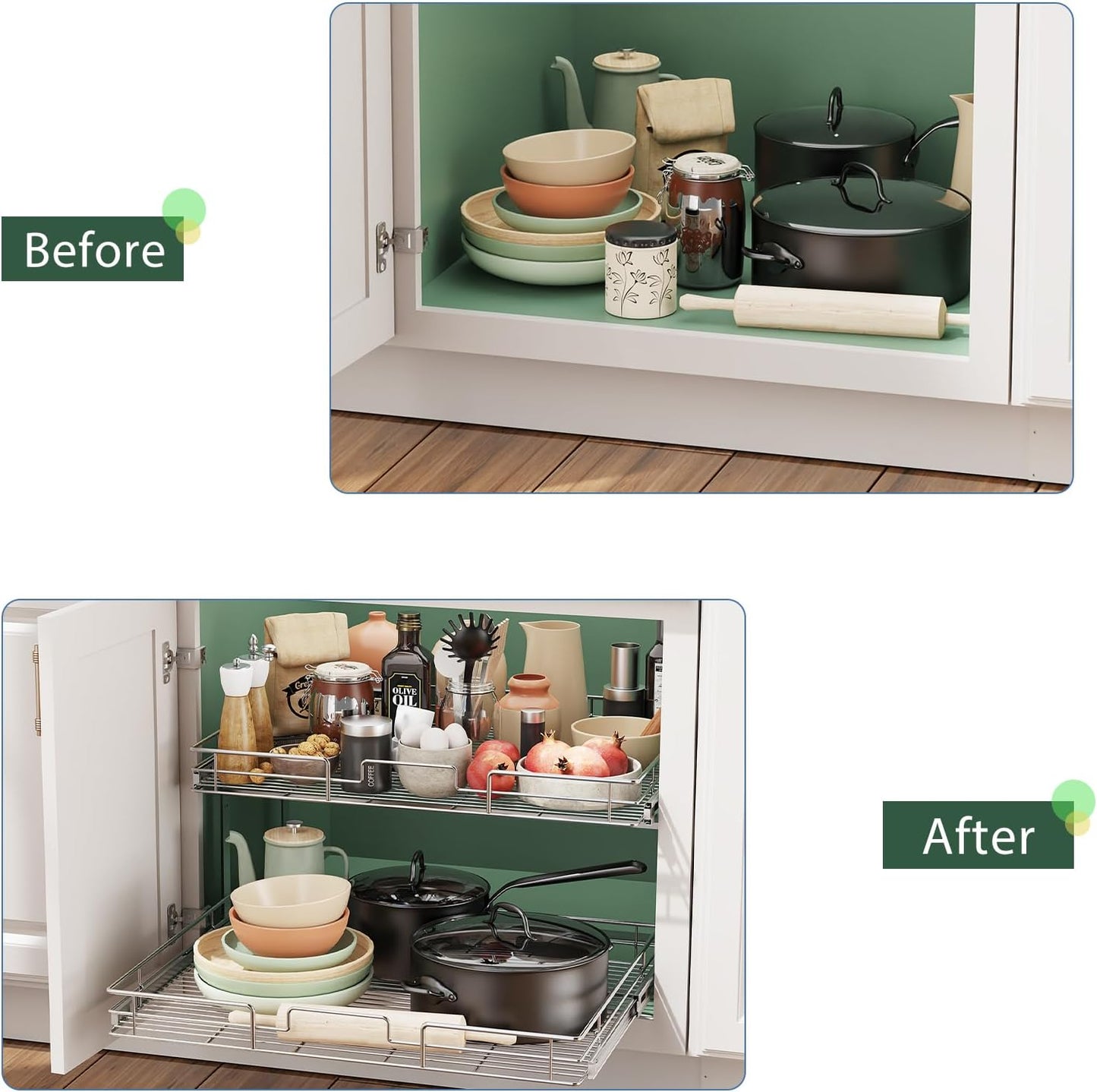 LOVMOR 2 Tier Individual Pull Out Cabinet Organizer 27" W x 21½" D, Slide Out Kitchen Cabinet Storage Sliding Shelves