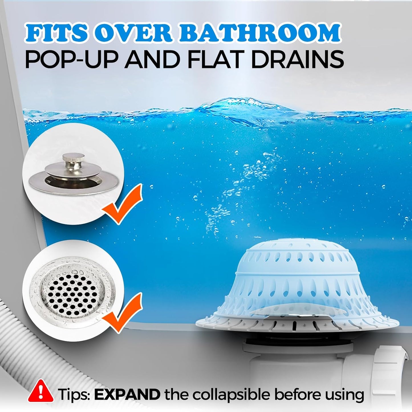 zaa 5 Pcs Bathtub & Shower Drain Hair Catcher, 2 Pack Silicone Collapsible Drain Protector and Drain Cover with 3 Snake Drain Clog Removers, for Pop-Up and Regular Drains of Tub, Shower, Bathroom