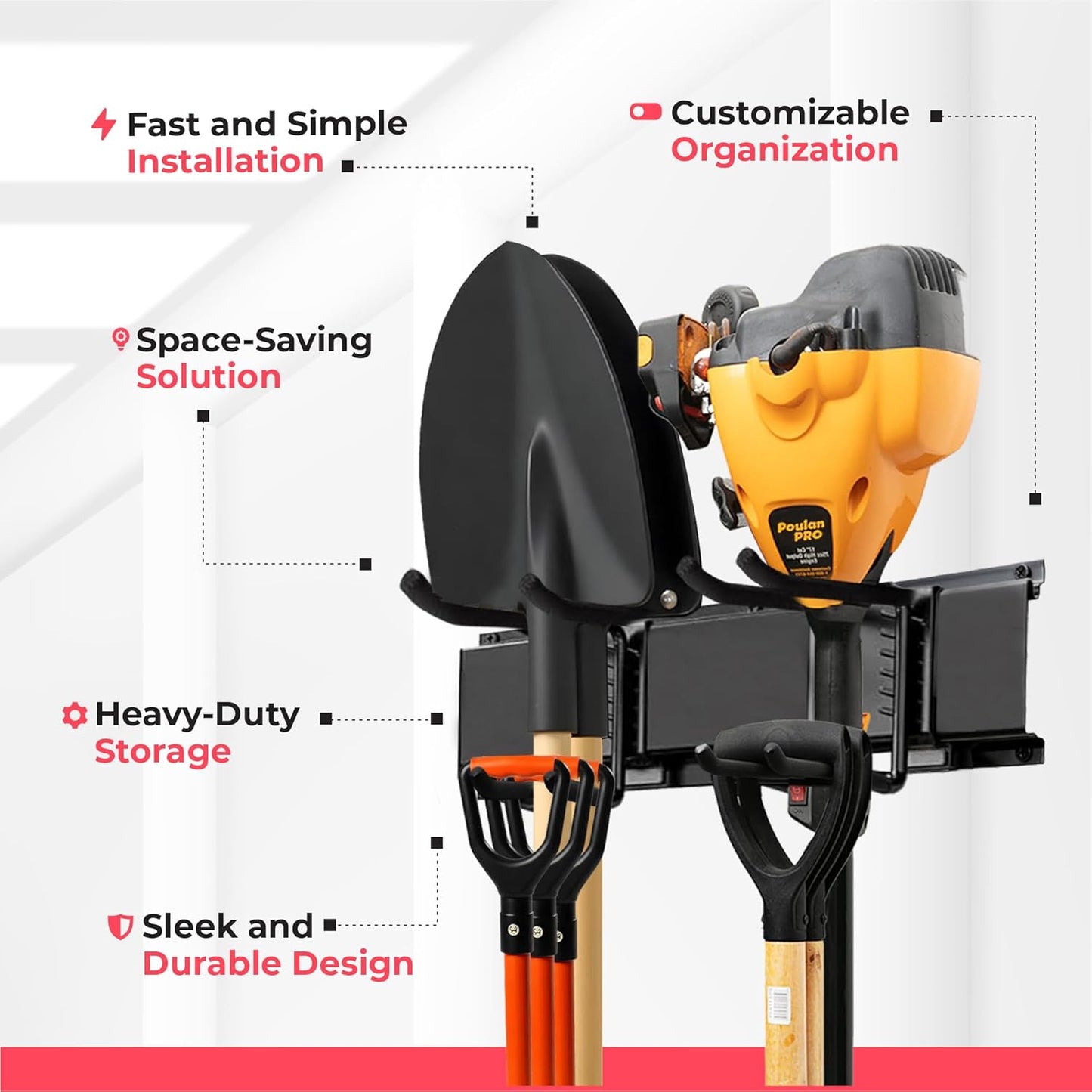 Heavy-Duty Garage Wall Storage System | Wall Mounted Tool Organizer Rack with Shelving | 10-Piece Mounting Kit | Includes 4x10” Double-Layered Hooks & 2x16.5” Floating Utility Shelves