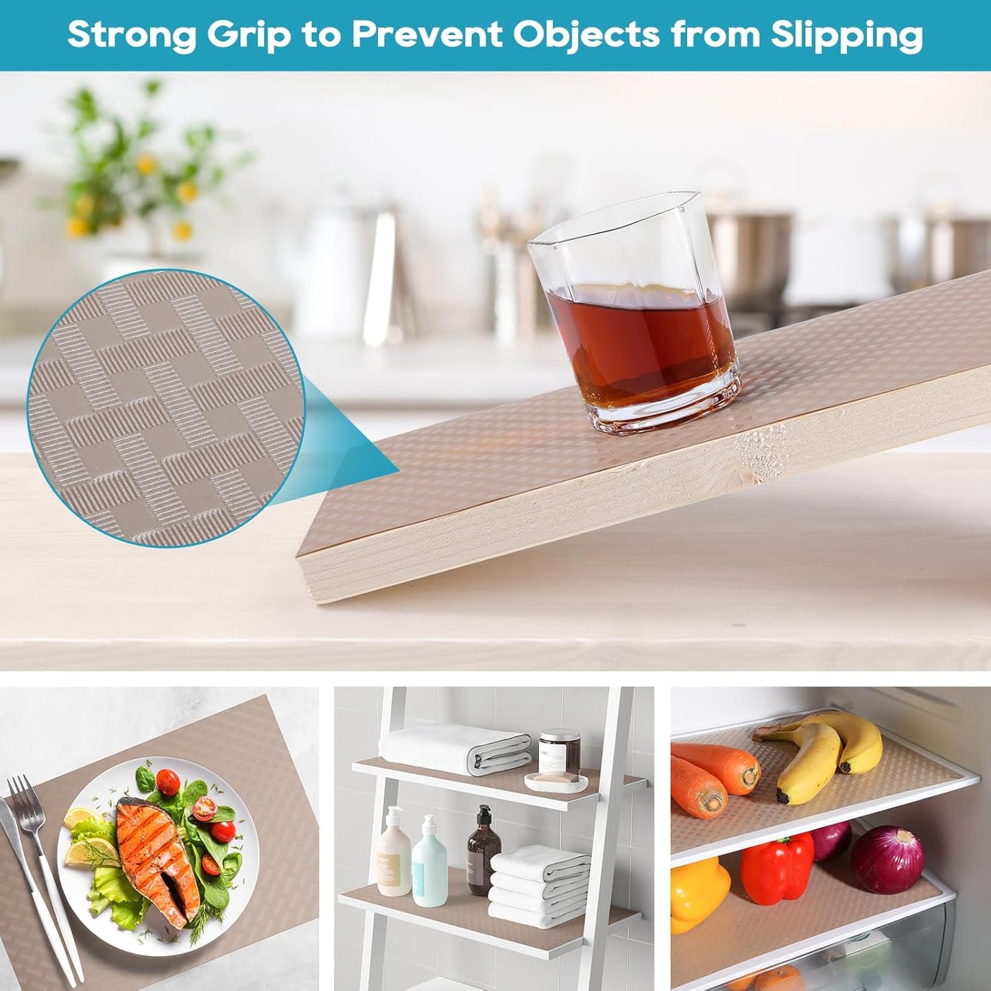 Shelf Liners for Kitchen Cabinets, Waterproof and Oil-Proof Kitchen Cupboard Liner, Refrigerator Liners and Plastic Drawer Mats EVA Non Adhesive Shelves, Fridge - Beige 17.5 x 236.2 Inches x 2 Rolls