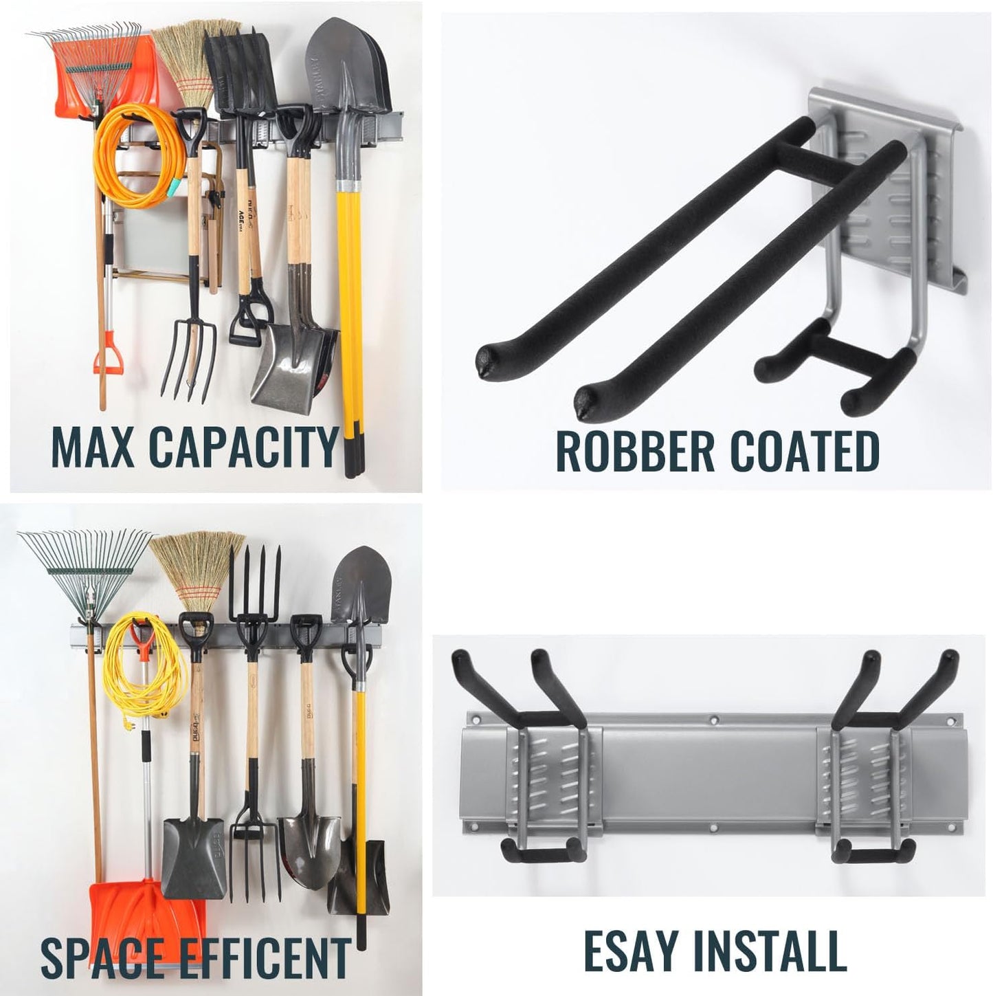 Wall Mount Tool Storage Rack, Garage Organization, Heavy Duty Garage Storage Tool Organizer, Garden Tool Wall Hooks and Hangers, Hold Up to 350lbs Grey