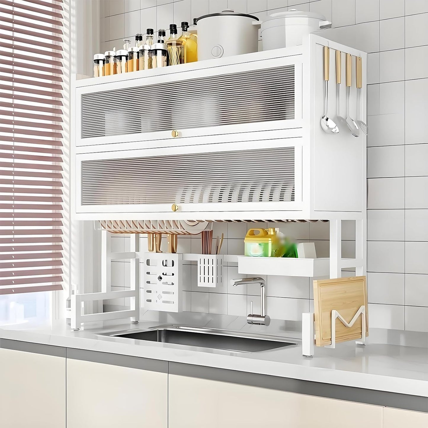 Dish Drying Rack 4 Tiers with Cover, Keep Kitchen Sink Shlef Organized Space-Saving, Large Drying Rack for Dishes, Glasses, Bowls, Cutlery white W-29.5in