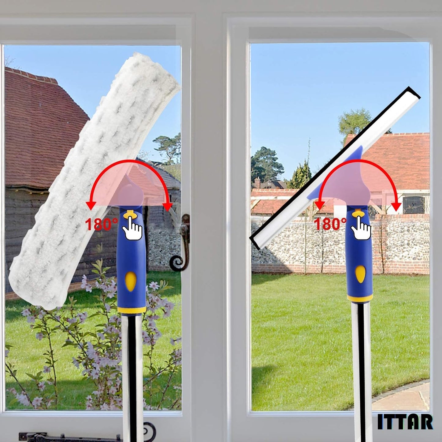 ITTAR Window Squeegee with 2 Sets Stainless Steel Pole, Squeegee Cleaning Tools with Microfiber Pads, 60"-72" Telescopic Window Washing Kit, Professional Squeegee Cleaner for Home Car Outside Glass