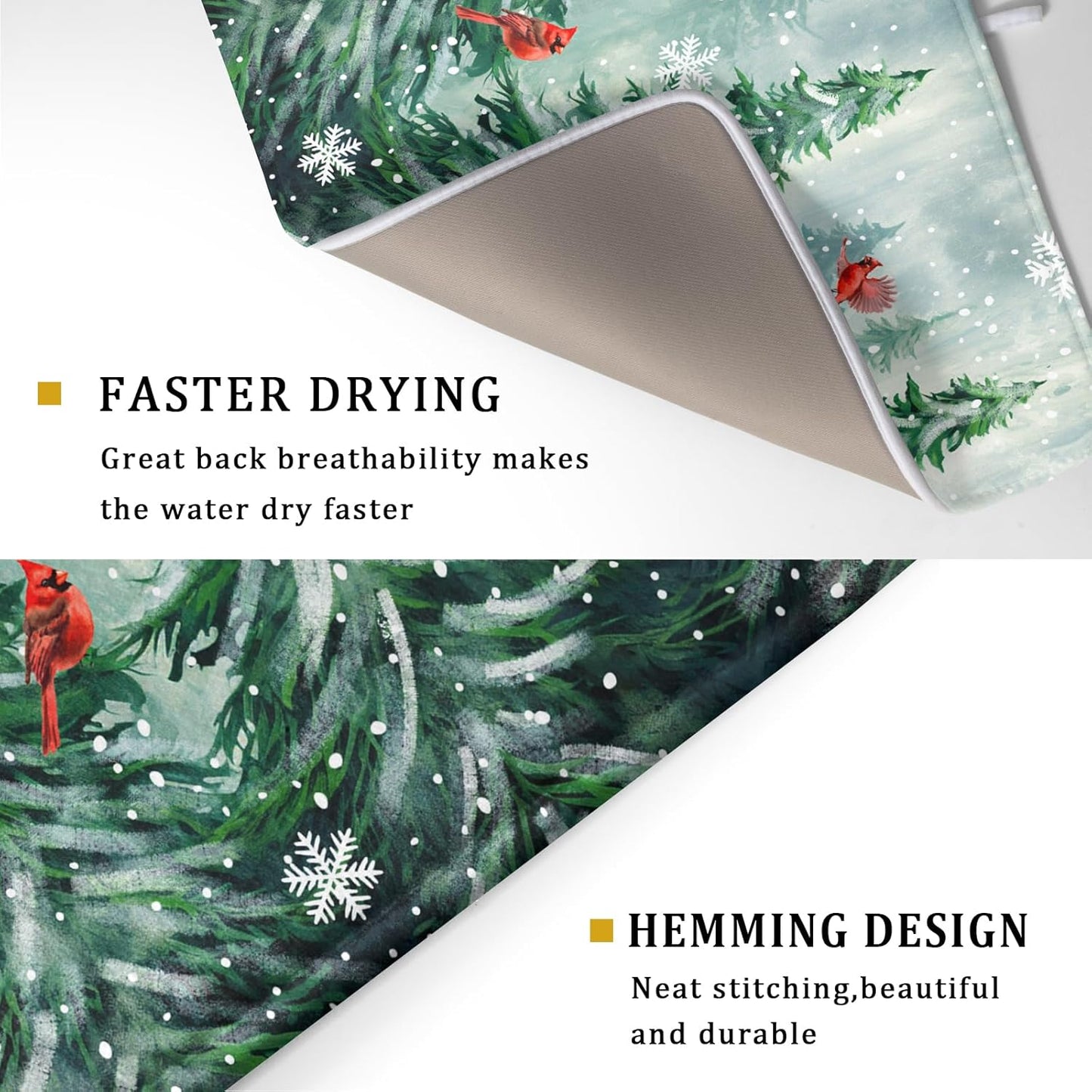 Welcome Winter Pines Tree Dish Drying Mat, Winter Snowflake Dish Drying Mat for Kitchen Counter, Red Birds Absorbent Fast Dry Dish Drainer Mat Protector Xmas Microfiber Dish Drying Pad 16"x18"