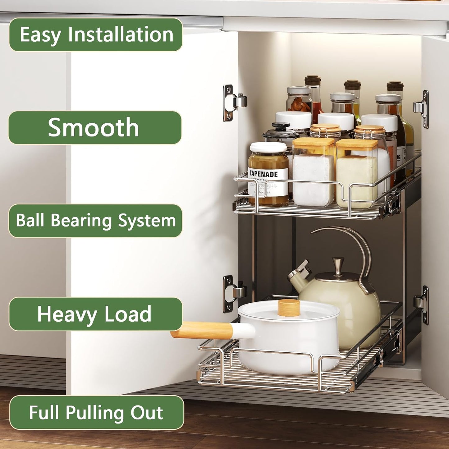2 Tier Individual Pull Out Cabinet Organizer 14½" W x 21½" D, Heavy Duty Cabinet Pull Out Shelves, Slide Out Drawers Organization for Kitchen Cabinets Bathroom